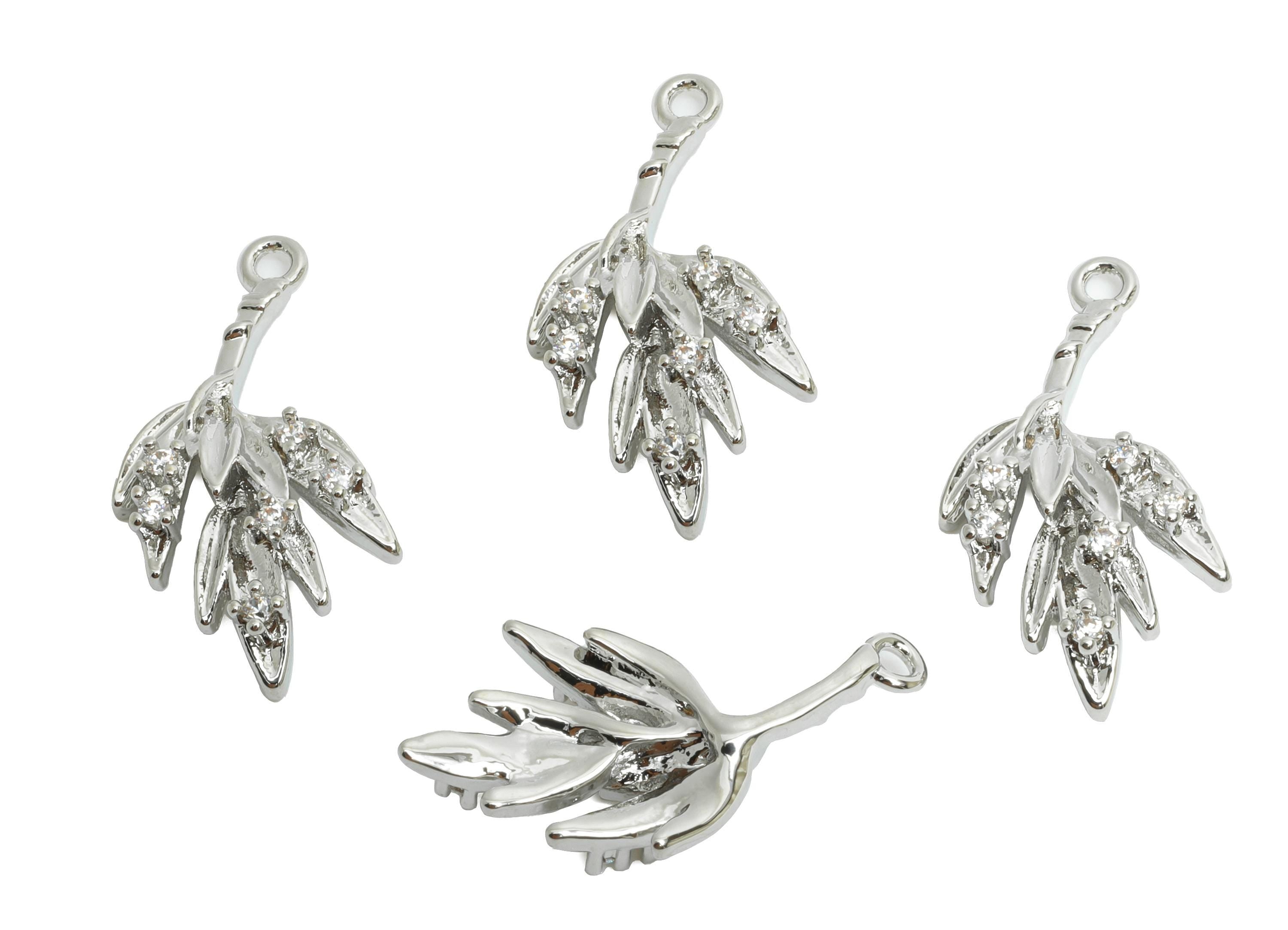 Brass Leaf Earring Charms - Silver Luxury Zircon Leaf Charm - Refined Botanical Jewelry - 18K Real White Gold Plated -20x10x3mm - RGP9931S - DOMEDBAZAAR