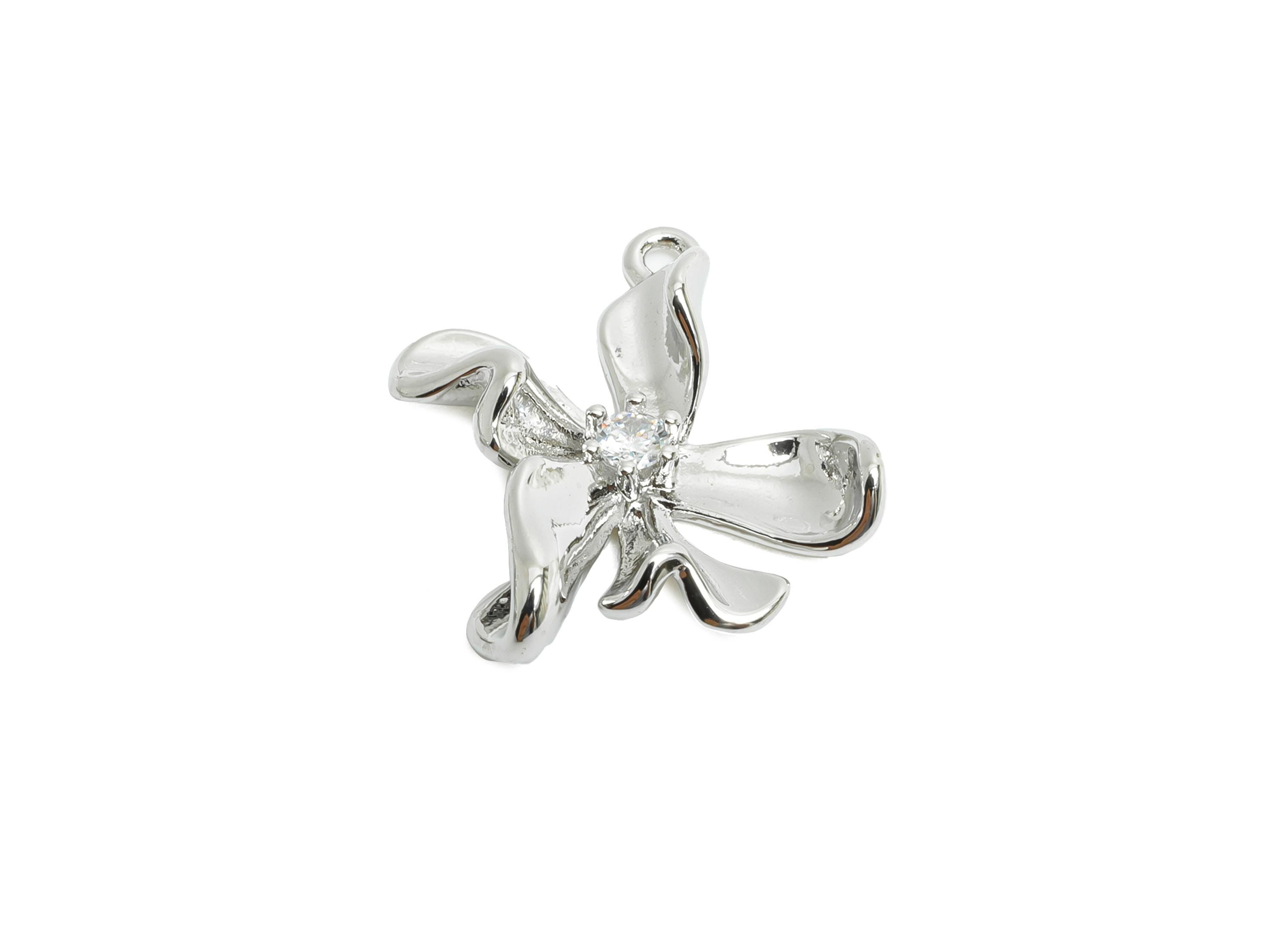 Brass Flower Charm - Silver Flora Earring Charm - Cubic Zircon Nature Jewelry Pendant - 18K Real White Gold Plated - 20x15x4.7mm - RGP9921S - DOMEDBAZAAR