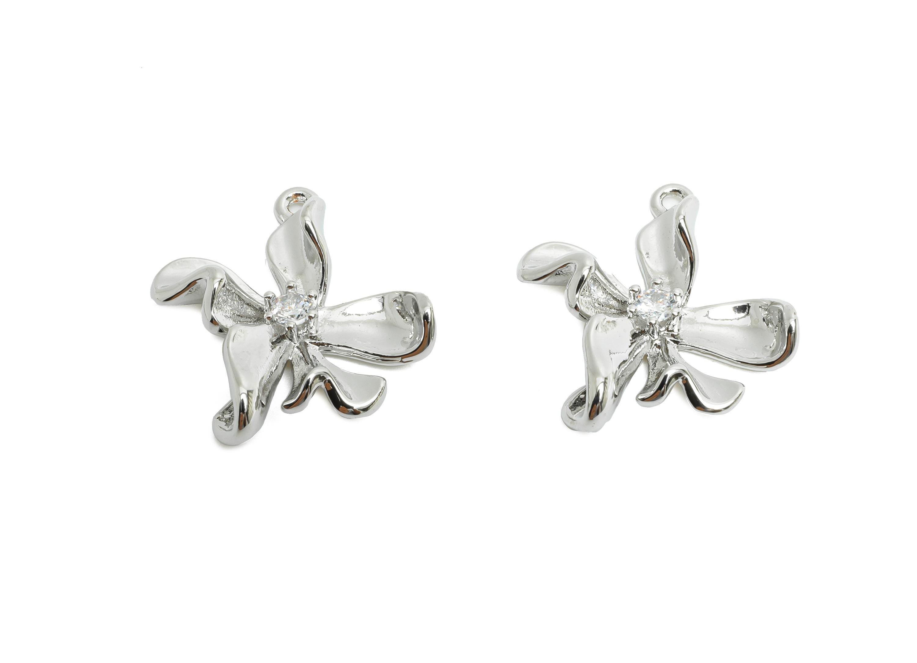 Brass Flower Charm - Silver Flora Earring Charm - Cubic Zircon Nature Jewelry Pendant - 18K Real White Gold Plated - 20x15x4.7mm - RGP9921S - DOMEDBAZAAR