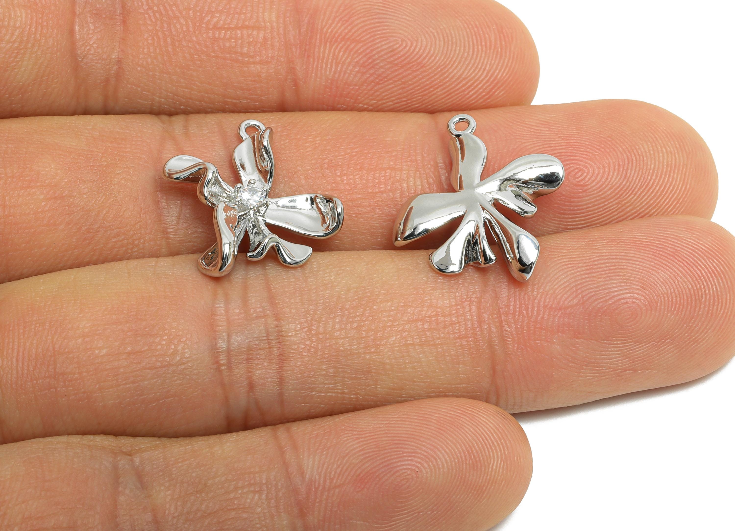 Brass Flower Charm - Silver Flora Earring Charm - Cubic Zircon Nature Jewelry Pendant - 18K Real White Gold Plated - 20x15x4.7mm - RGP9921S - DOMEDBAZAAR