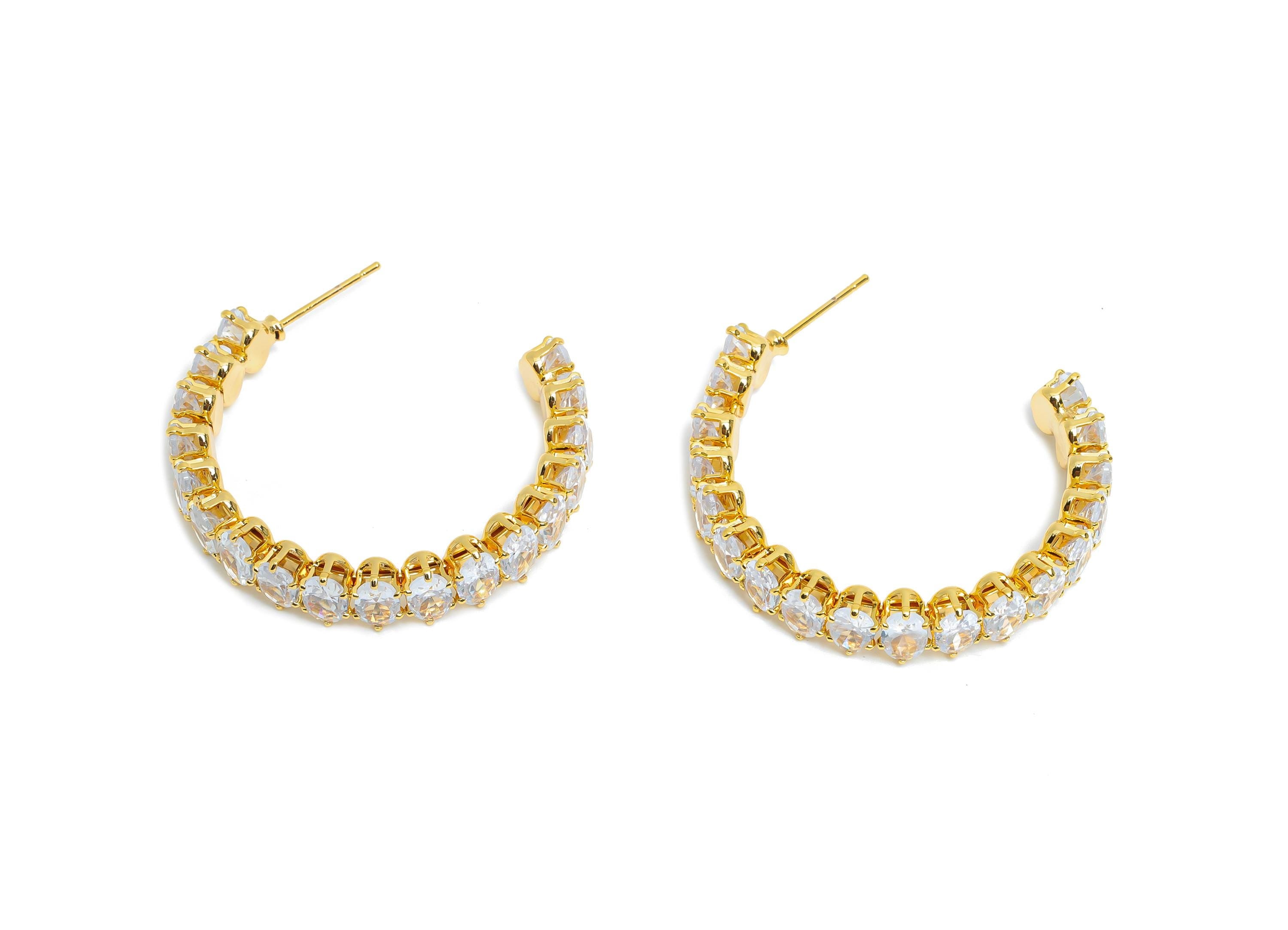 Sparkling C Hoop Post - Inlay Oval Glass Earring Stud - Refined Gold Brass Open C Post - 18K Real Gold Plated Brass - 35x30x7mm - RGP9945 - DOMEDBAZAAR