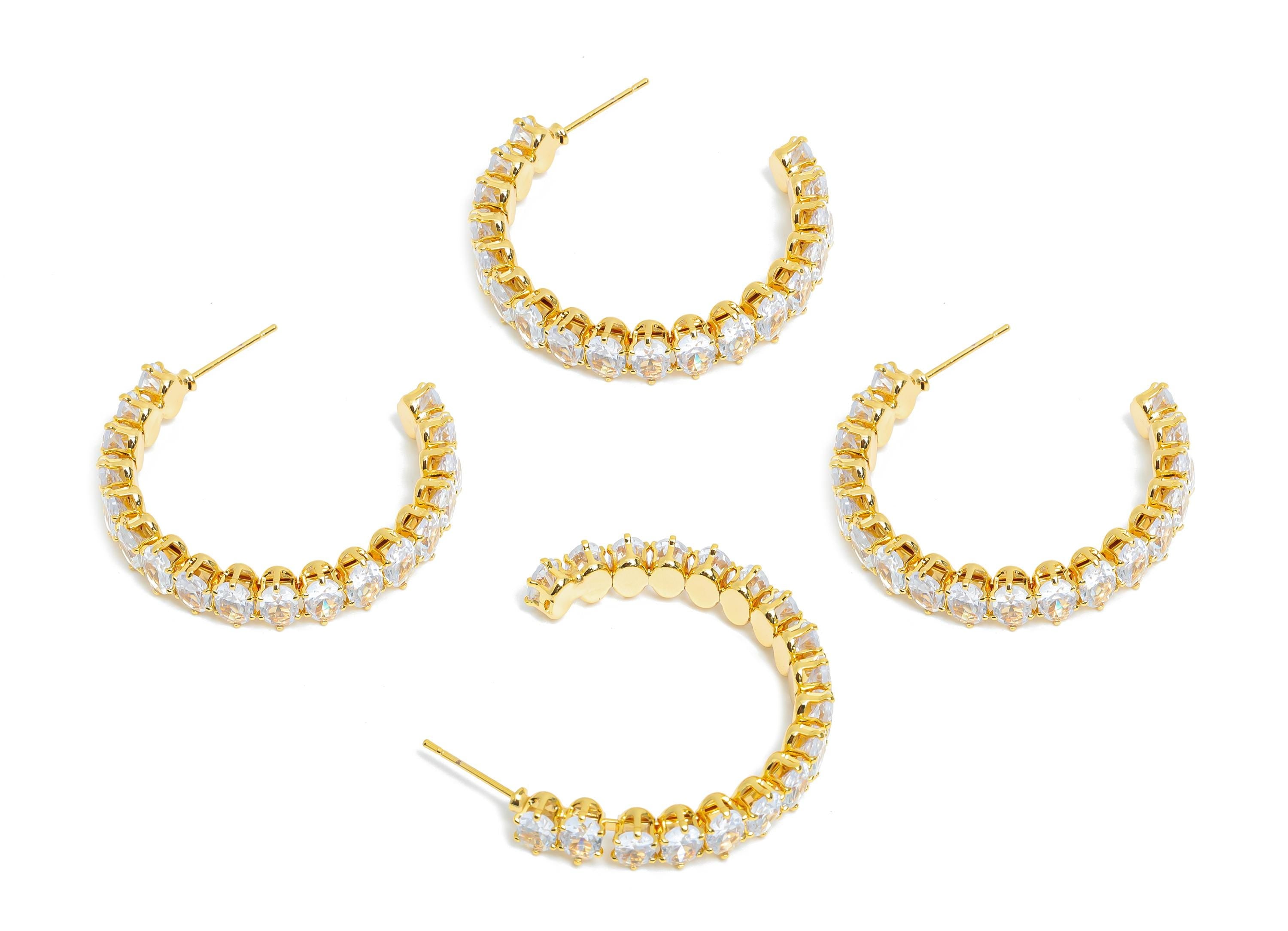 Sparkling C Hoop Post - Inlay Oval Glass Earring Stud - Refined Gold Brass Open C Post - 18K Real Gold Plated Brass - 35x30x7mm - RGP9945 - DOMEDBAZAAR