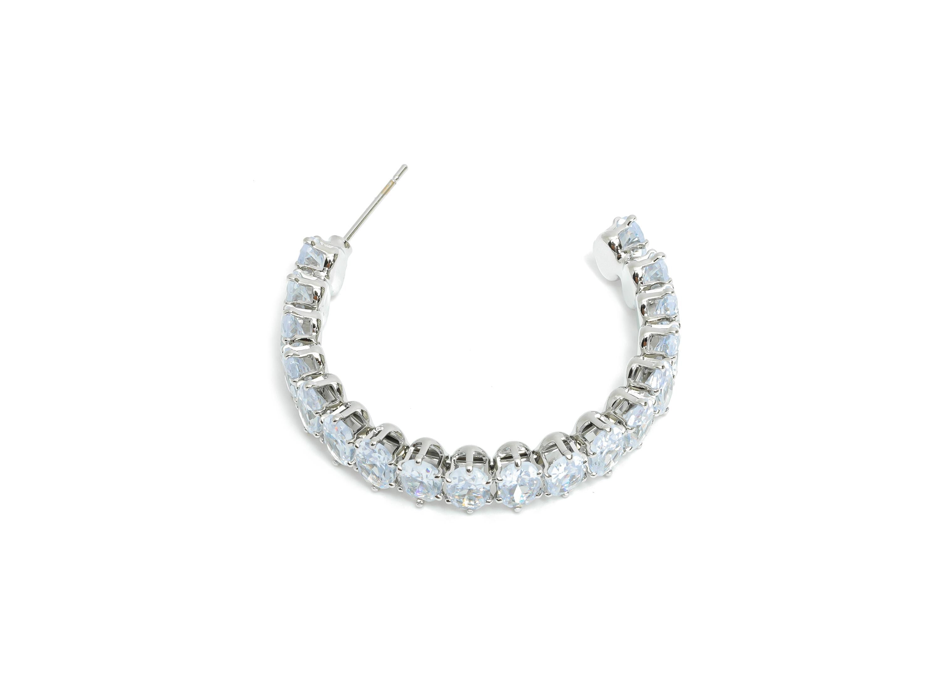 Sparkling C Hoop Post - Inlay Oval Glass Earring Stud - Refined Silver Brass Open C Post - 18K White Gold Plated Brass - 35x30x7mm -RGP9945S - DOMEDBAZAAR