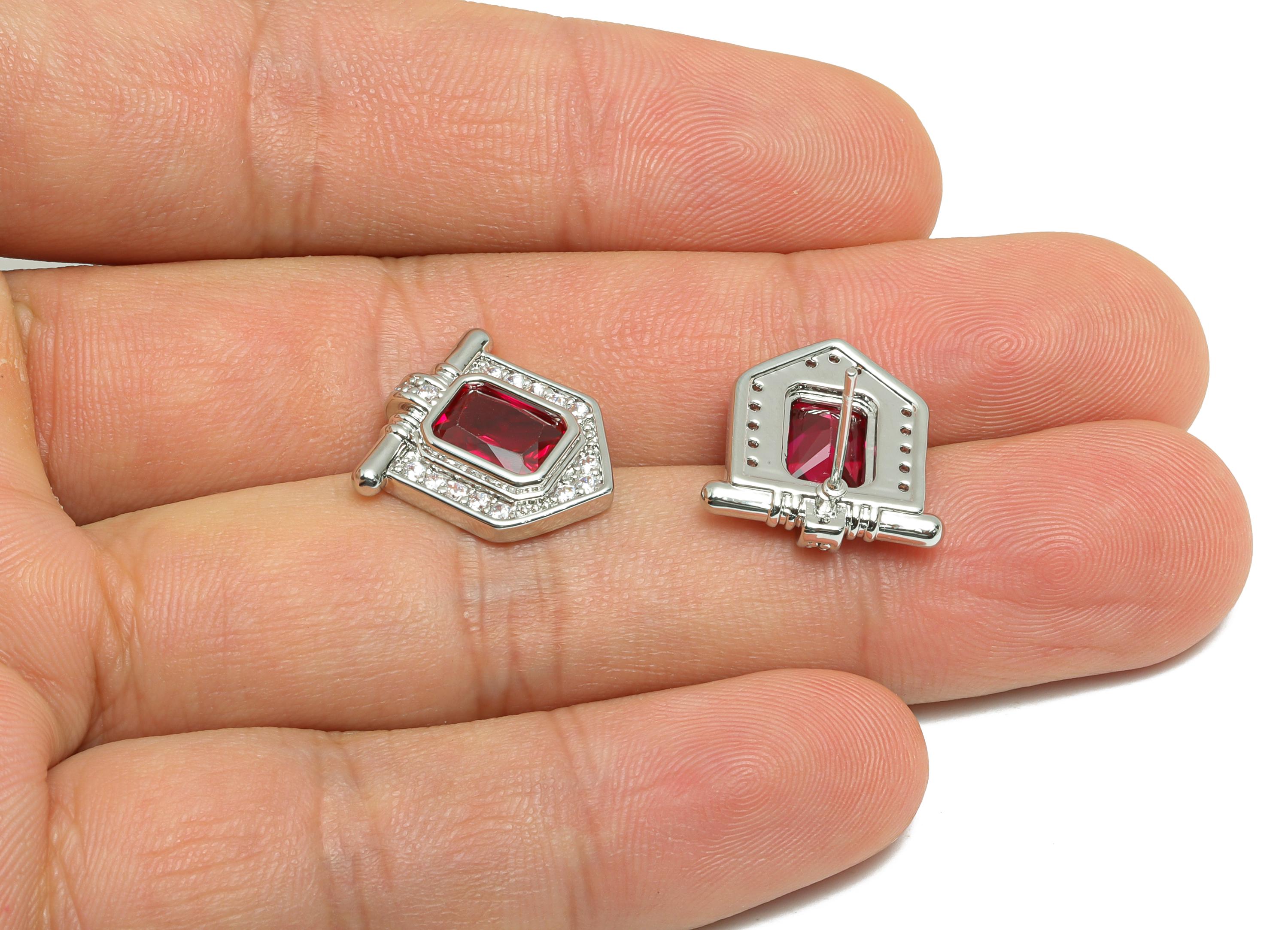 Red Gemstone Stud Earring - Brass Vintage Gemstone Stud - Silver Zircon Earring Post - Dainty Fashion Jewelry Earring  - 16x15x3mm -RGP10323 - DOMEDBAZAAR