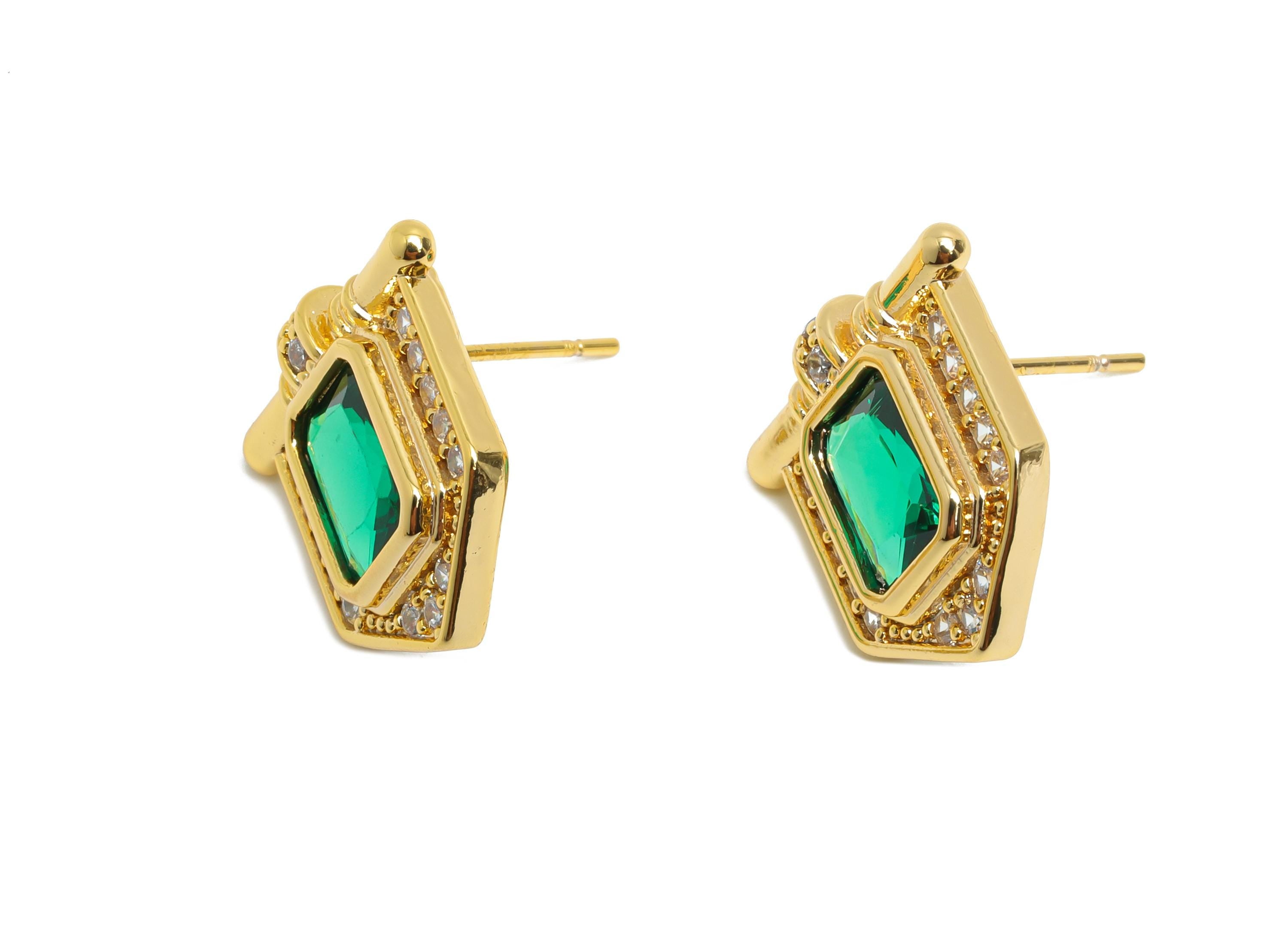 Green Gemstone Stud Earring - Brass Vintage Gemstone Stud - Gold Zircon Earring Post - Dainty Fashion Jewelry Earring  - 16x15x3mm -RGP10324 - DOMEDBAZAAR