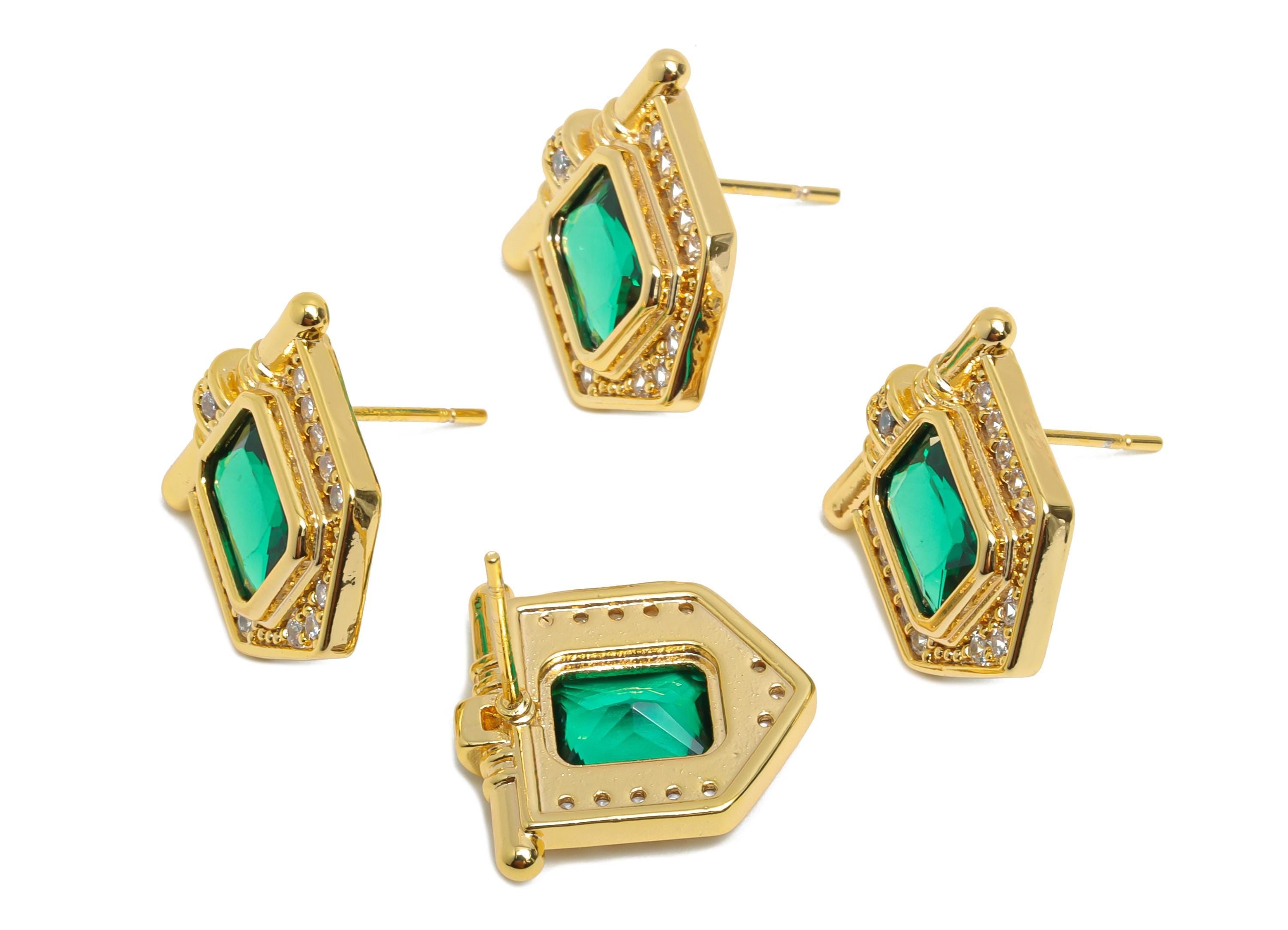 Green Gemstone Stud Earring - Brass Vintage Gemstone Stud - Gold Zircon Earring Post - Dainty Fashion Jewelry Earring  - 16x15x3mm -RGP10324 - DOMEDBAZAAR