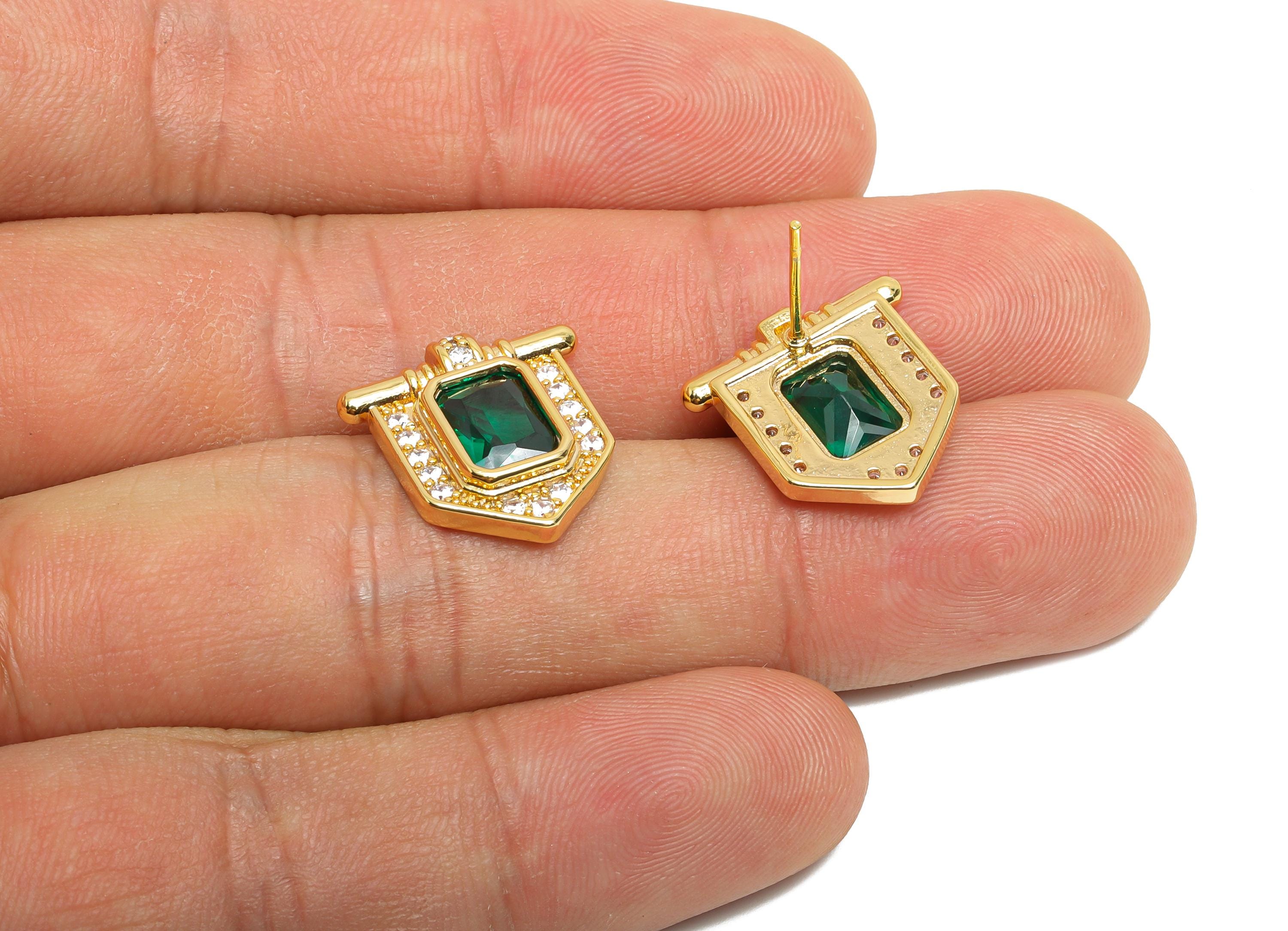 Green Gemstone Stud Earring - Brass Vintage Gemstone Stud - Gold Zircon Earring Post - Dainty Fashion Jewelry Earring  - 16x15x3mm -RGP10324 - DOMEDBAZAAR