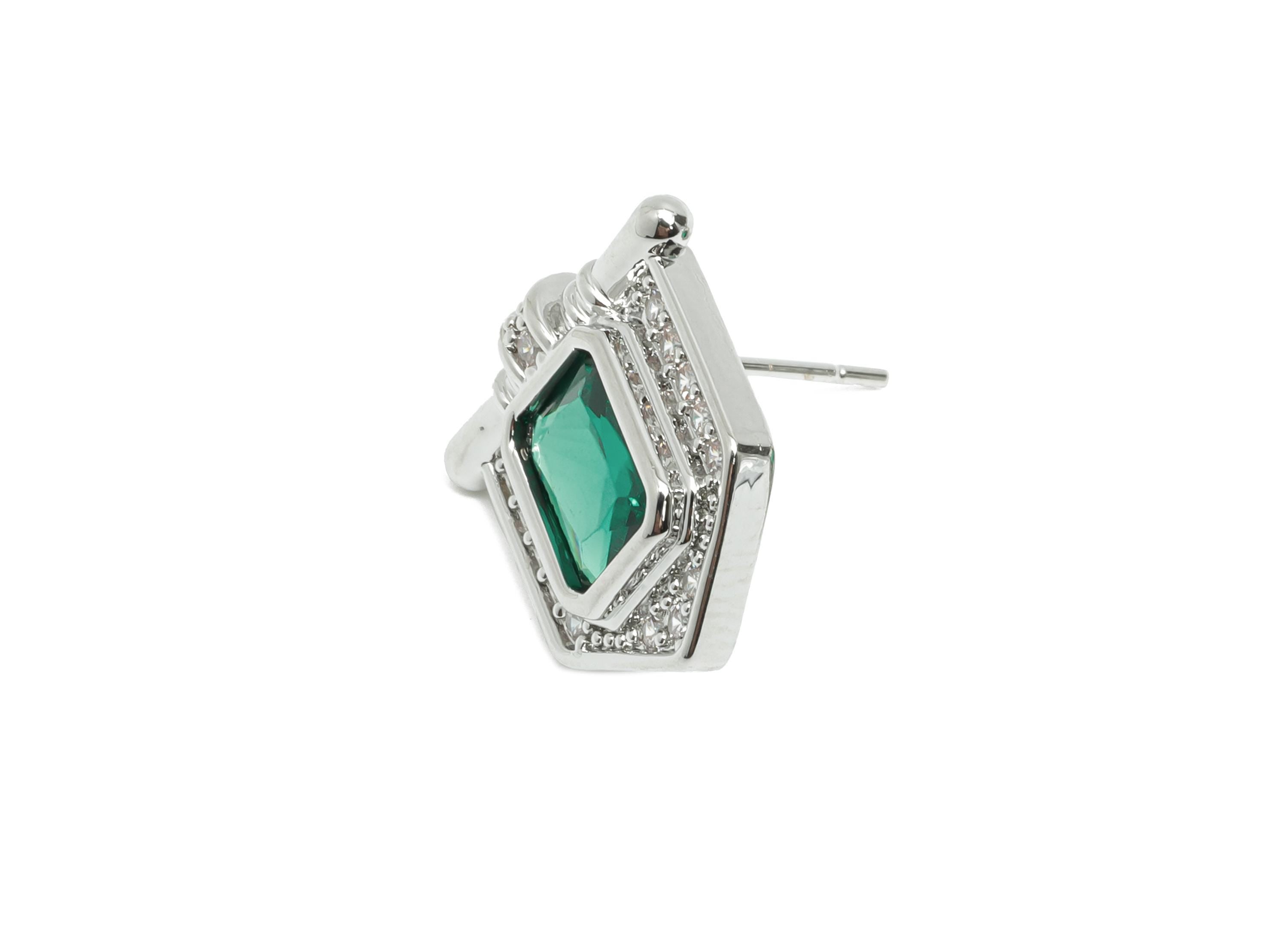 Green Gemstone Stud Earring - Brass Vintage Gemstone Stud - Silver Zircon Earring Post - Dainty Fashion Jewelry Earring  -16x15x3mm-RGP10325 - DOMEDBAZAAR