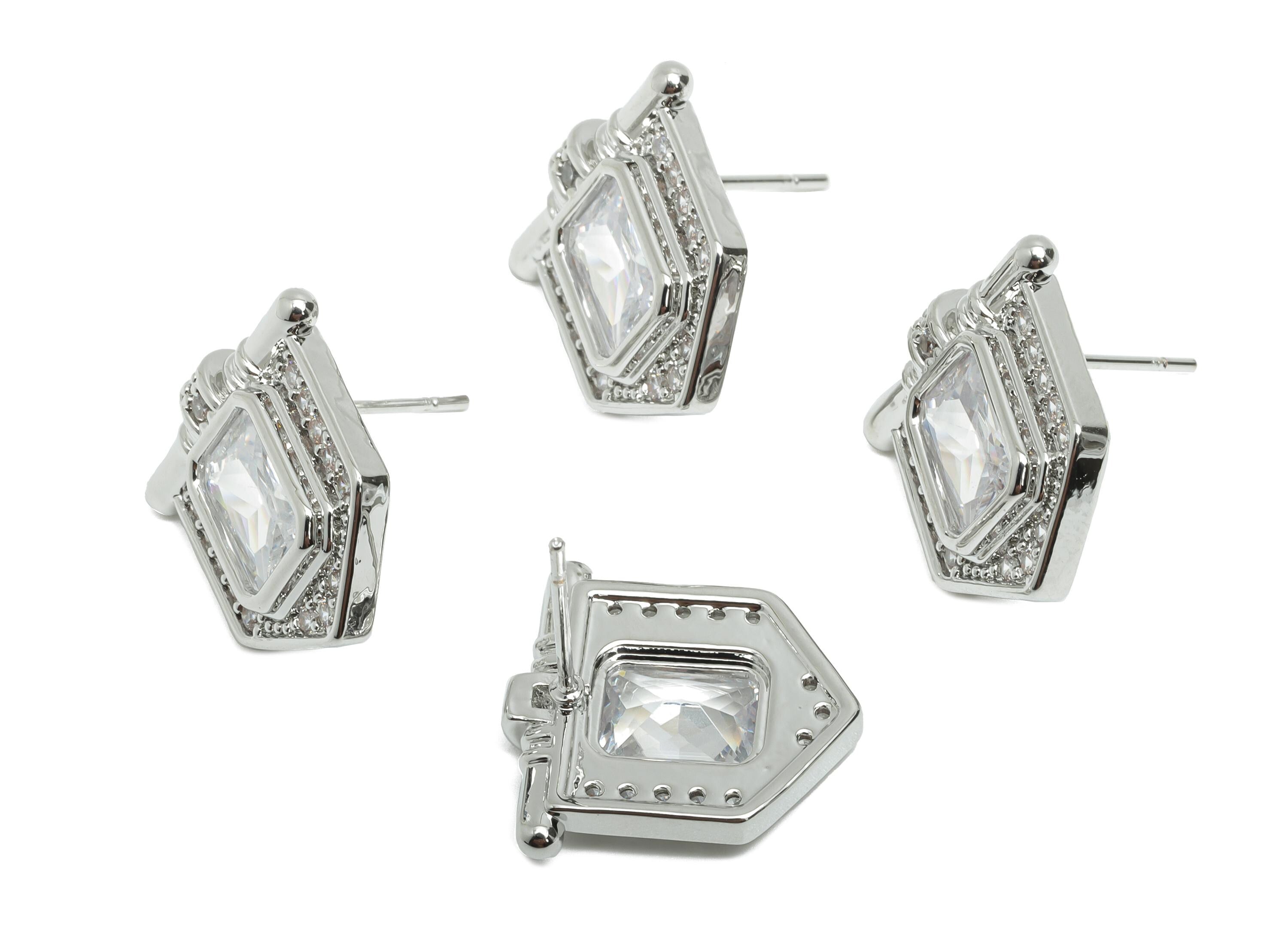 White Gemstone Stud Earring - Brass Vintage Gemstone Stud - Silver Zircon Earring Post - Dainty Fashion Jewelry Earring  -16x16x3mm-RGP10321 - DOMEDBAZAAR