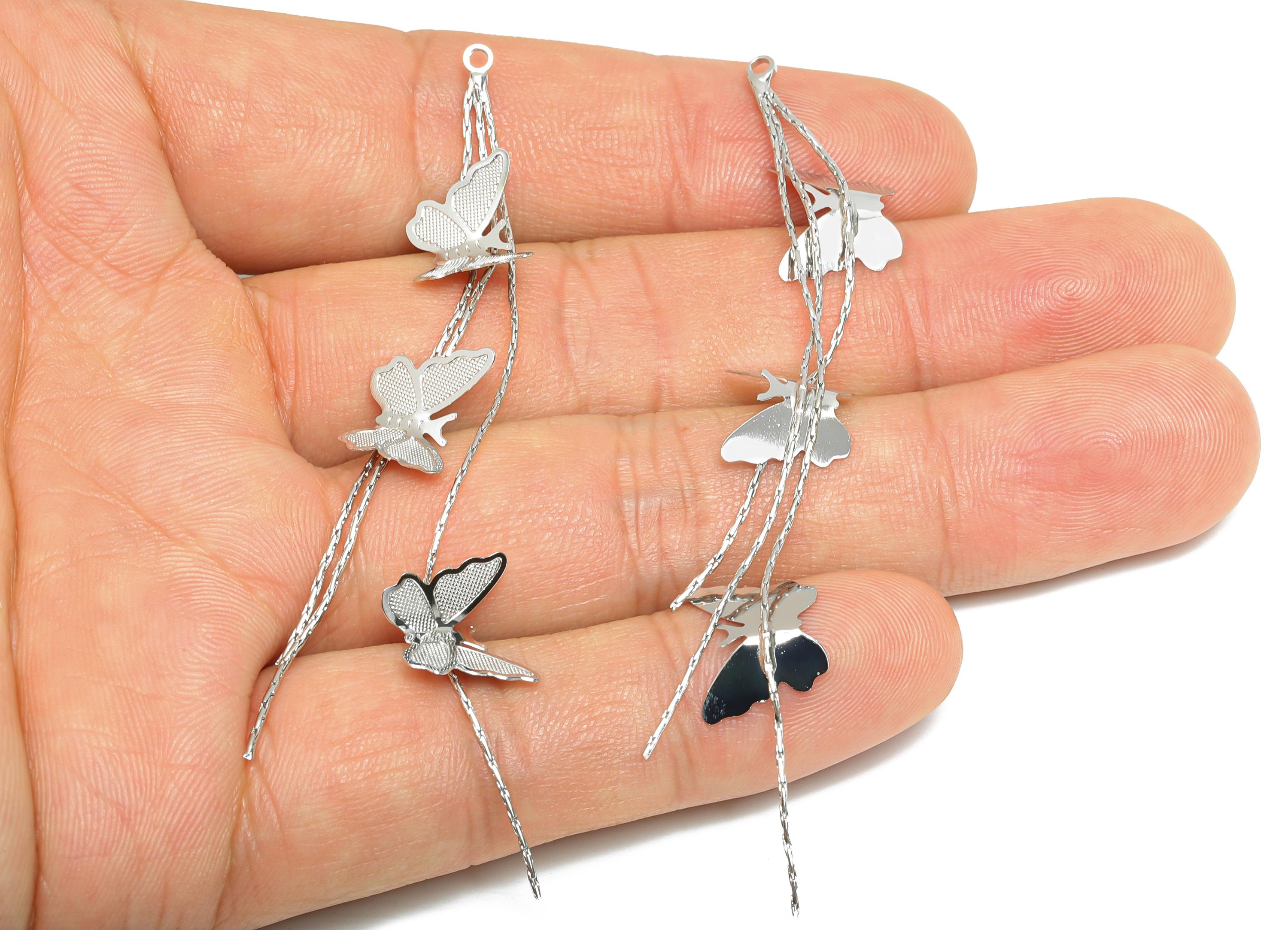 Butterfly Dangle Charms - Silver Dangling Butterfly Decoration - Graceful Butterfly Jewelry - 18K Real White Gold Plated -81x10x1mm-RGP9566S - DOMEDBAZAAR