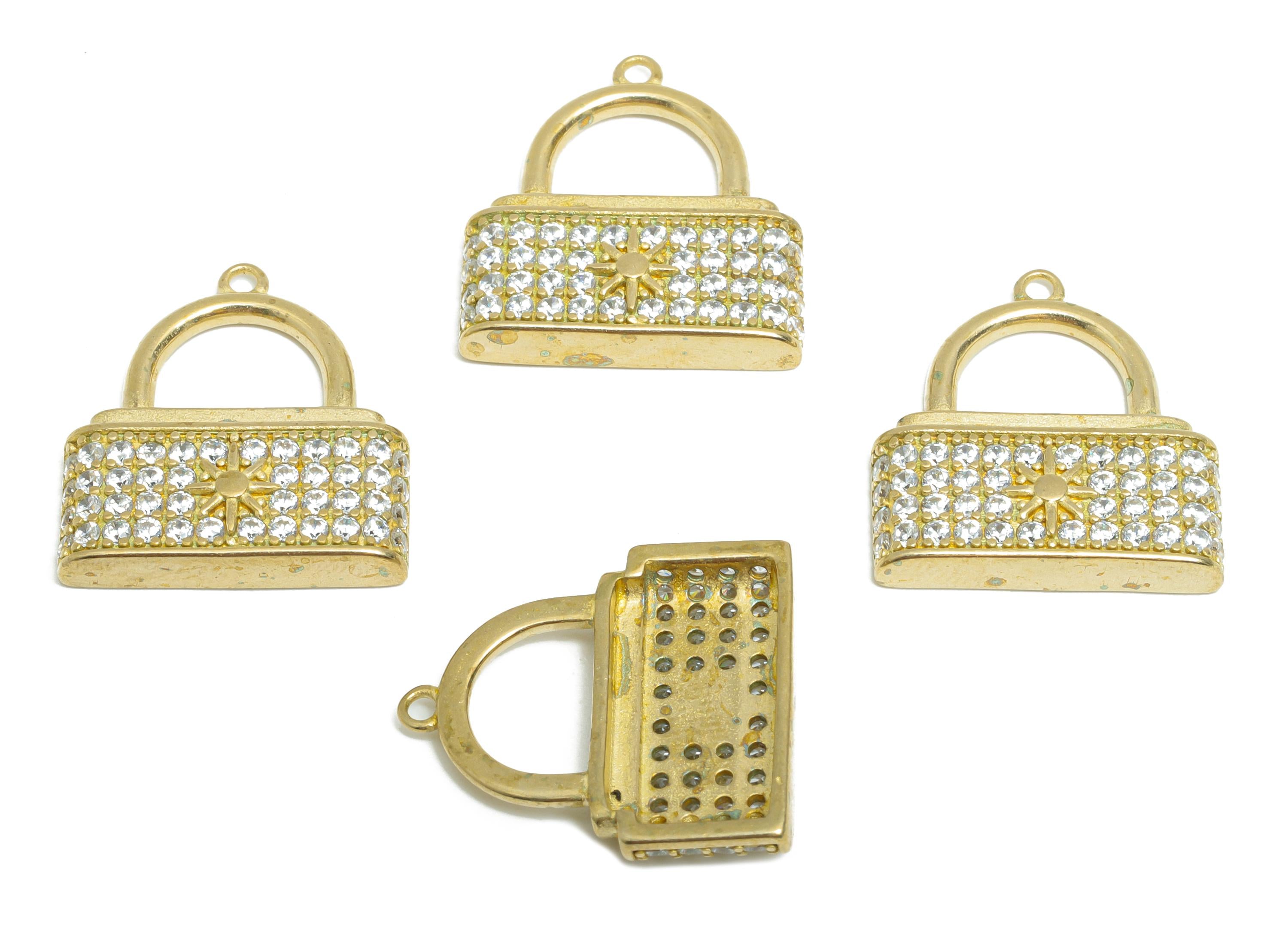 Rhinestone-Encrusted Lock Charm - Raw Brass Trendy Pendant - Sparkling Earring Charm - Decorative Cubic Zircon Lock  - 20x18x3mm - PP11054 - DOMEDBAZAAR