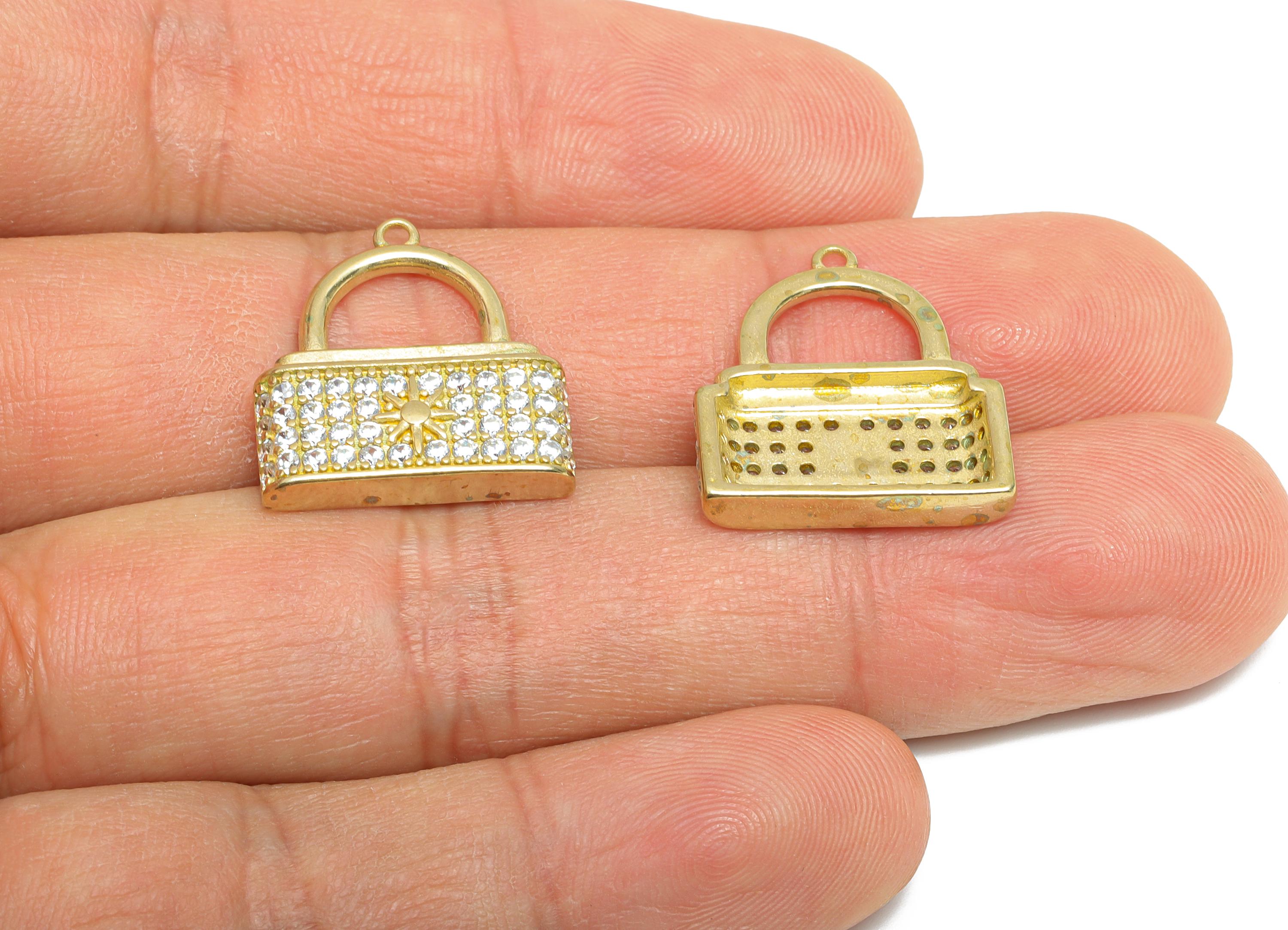 Rhinestone-Encrusted Lock Charm - Raw Brass Trendy Pendant - Sparkling Earring Charm - Decorative Cubic Zircon Lock  - 20x18x3mm - PP11054 - DOMEDBAZAAR