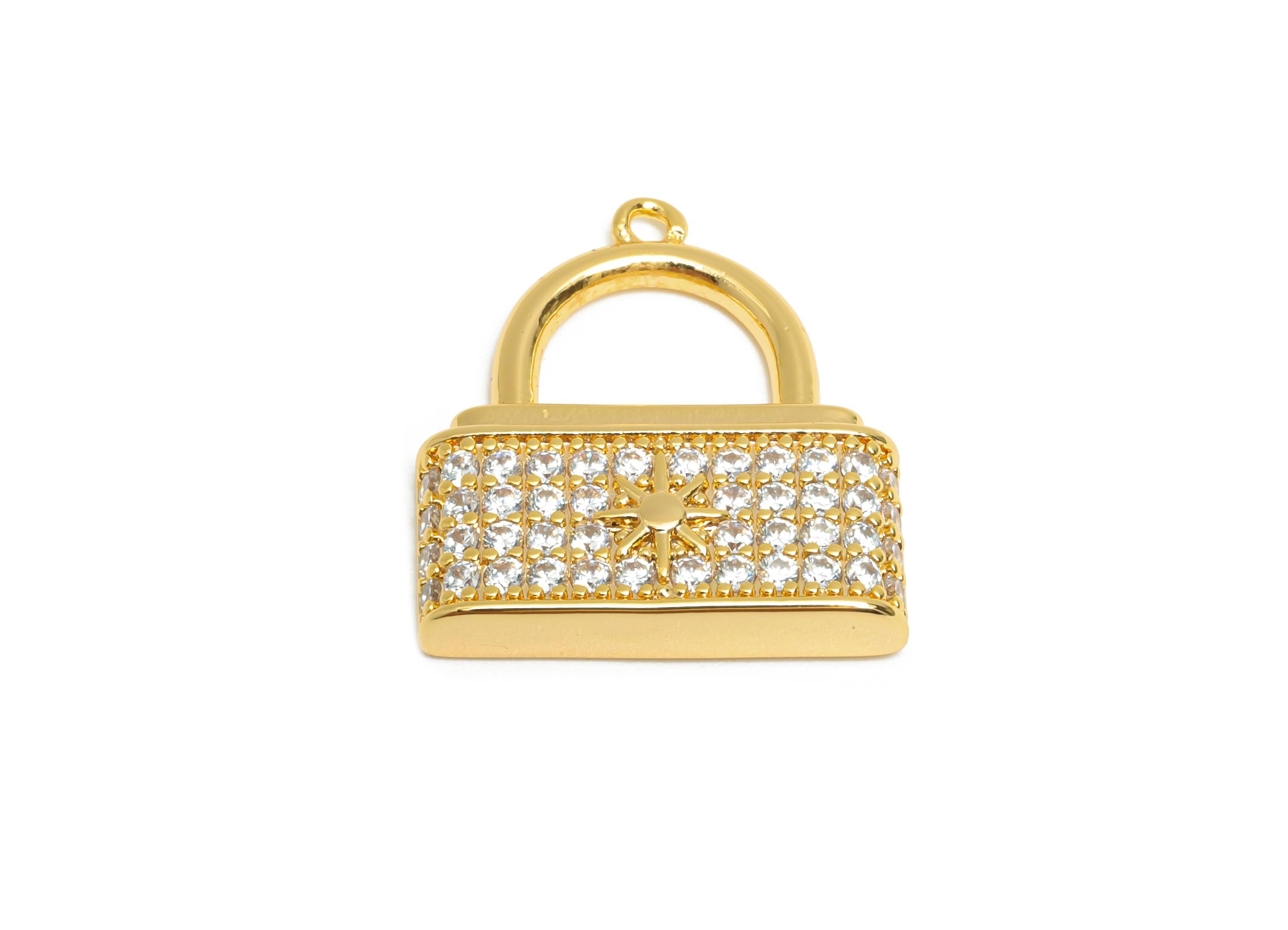 Rhinestone-Encrusted Lock Charm - Brass Trendy Pendant - Sparkling Earring Charm - Gold Decorative Cubic Zircon Lock  - 20x18x3mm - RGP10398 - DOMEDBAZAAR