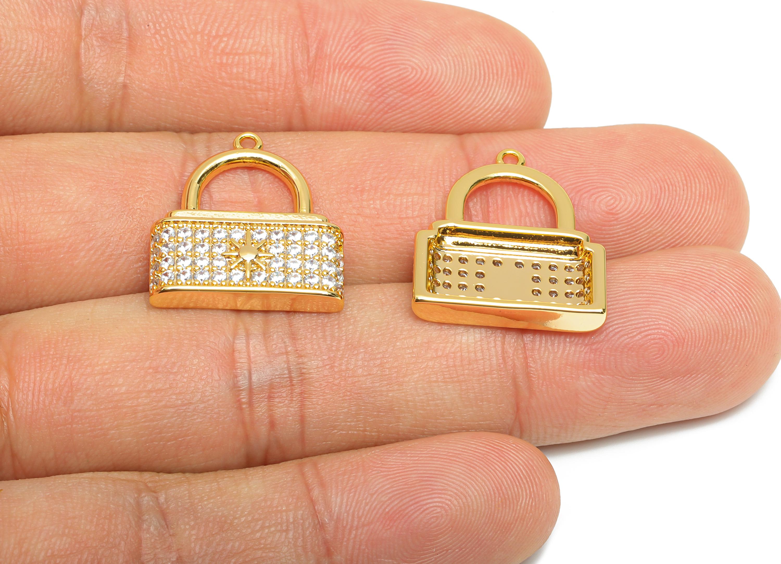 Rhinestone-Encrusted Lock Charm - Brass Trendy Pendant - Sparkling Earring Charm - Gold Decorative Cubic Zircon Lock  - 20x18x3mm - RGP10398 - DOMEDBAZAAR