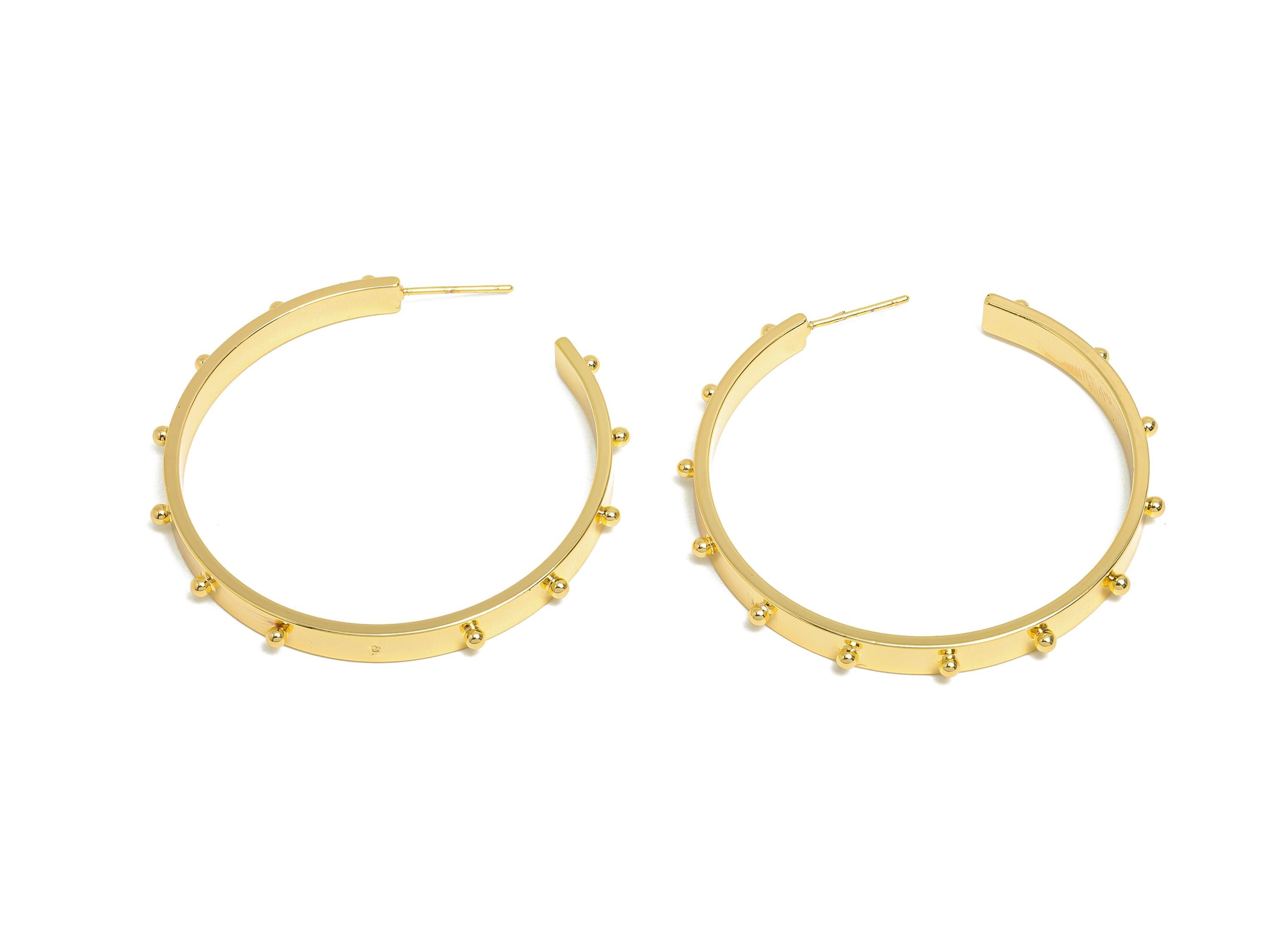 Brass Open C Hoop Earring - Gold Studded Wide Hoop Earring Stud - Brass Sleek Earring Post - 18K Real Gold Plated -46.8x4.53x7.59mm -RGP9525 - DOMEDBAZAAR