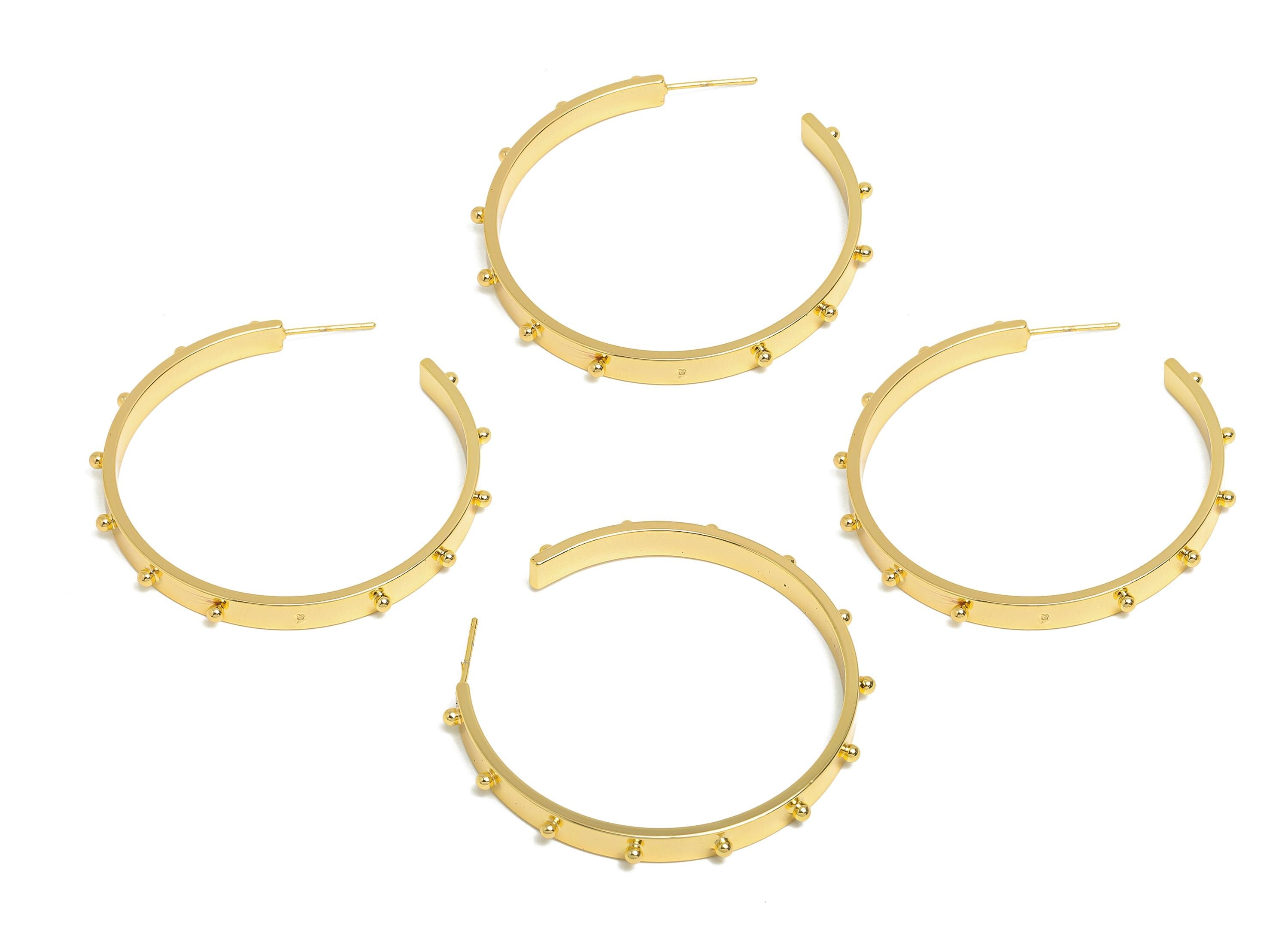 Brass Open C Hoop Earring - Gold Studded Wide Hoop Earring Stud - Brass Sleek Earring Post - 18K Real Gold Plated -46.8x4.53x7.59mm -RGP9525 - DOMEDBAZAAR