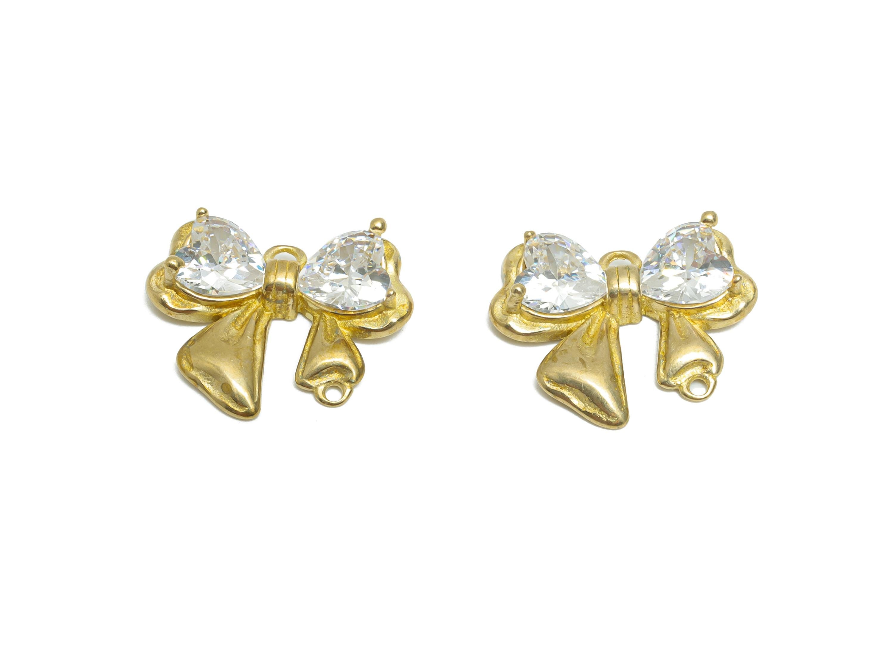 Sparking Crystal Bow Charm - Raw Brass Bow Jewelry Accessory - Rhinestone Embellished Ribbon Bow Pendant With Loop - 14x14x3mm - PP11057 - DOMEDBAZAAR