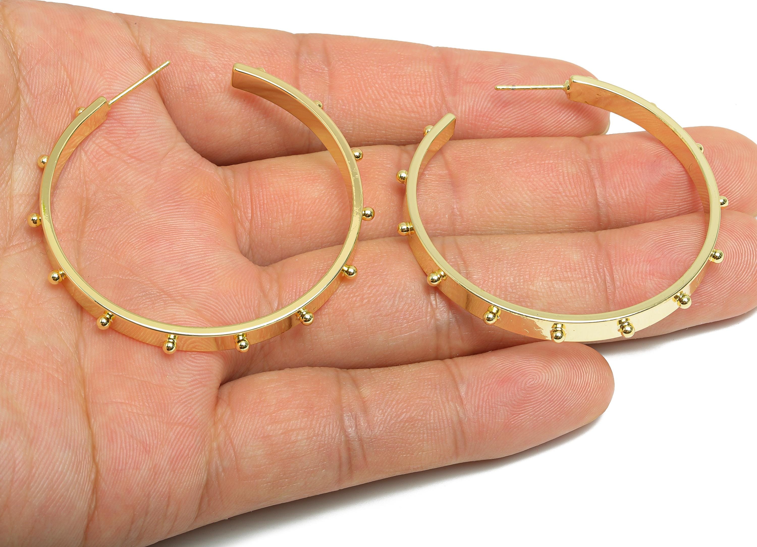 Brass Open C Hoop Earrings - Gold Studded Wide Hoop Earring Stud - Brass Sleek Earring Post - 14K Gold Plated -46.8x4.53x7.59mm -RGP9525-14 - DOMEDBAZAAR