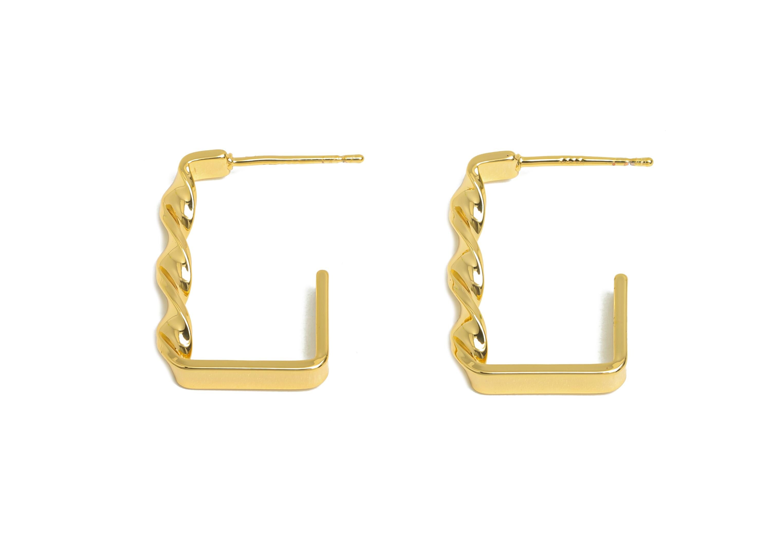 Brass Square Hoop Earrings Stud - Gold Twisted Earrings Post - Geometric Textured Earrings - 18K Real Gold-Plated Brass -22x15x3mm - RGP9522 - DOMEDBAZAAR