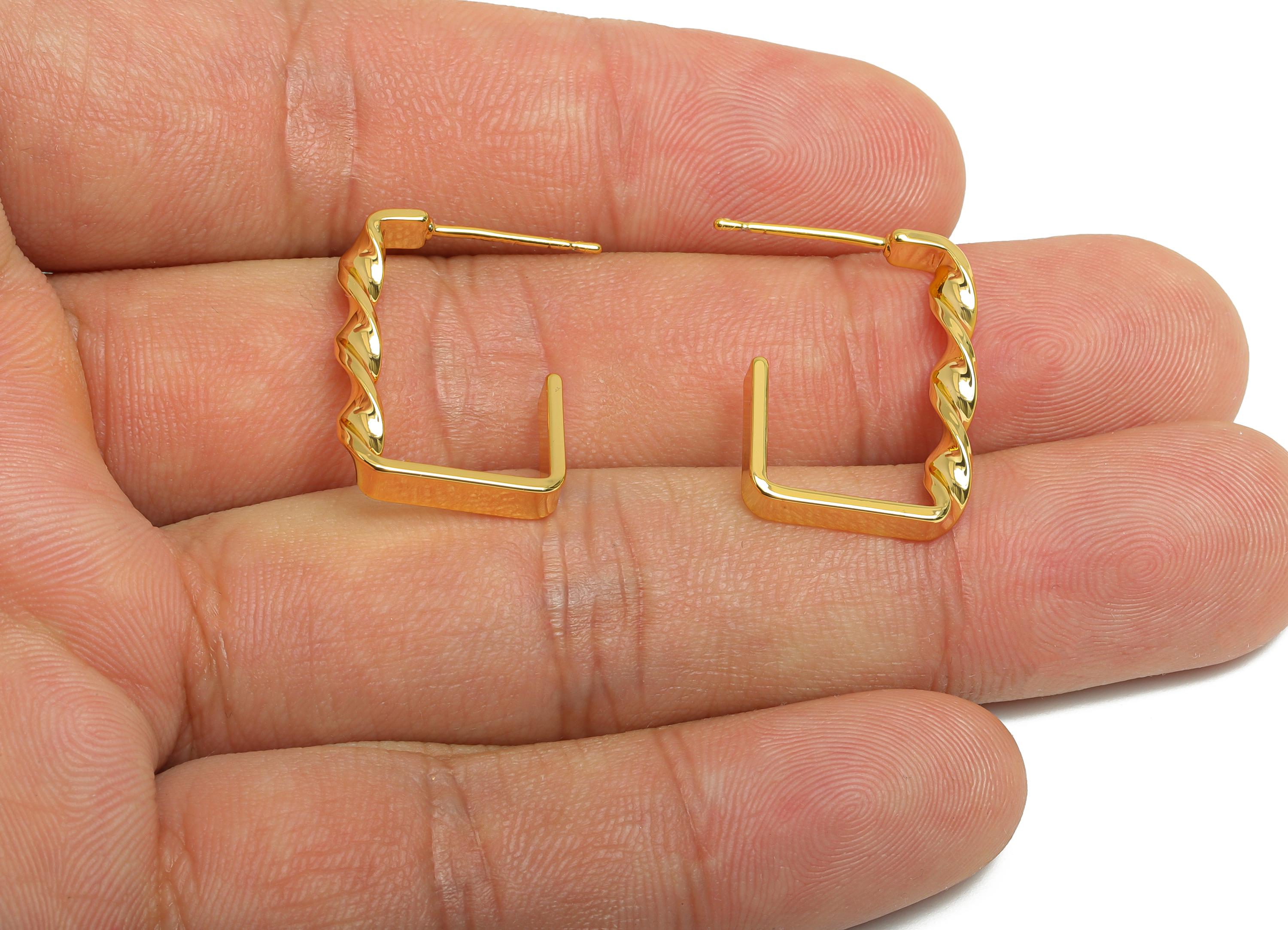 Brass Square Hoop Earrings Stud - Gold Twisted Earrings Post - Geometric Textured Earrings - 18K Real Gold-Plated Brass -22x15x3mm - RGP9522 - DOMEDBAZAAR