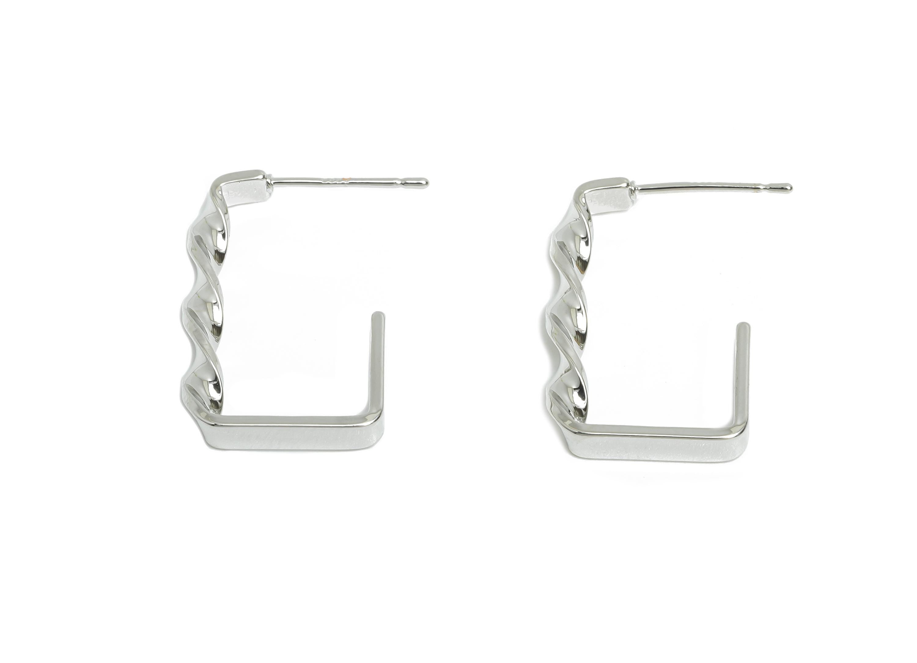 Brass Square Hoop Earring Stud - Silver Twisted Earring Post - Geometric Textured Earring - 18K Real White Gold-Plated - 22x15x3mm -RGP9522S - DOMEDBAZAAR