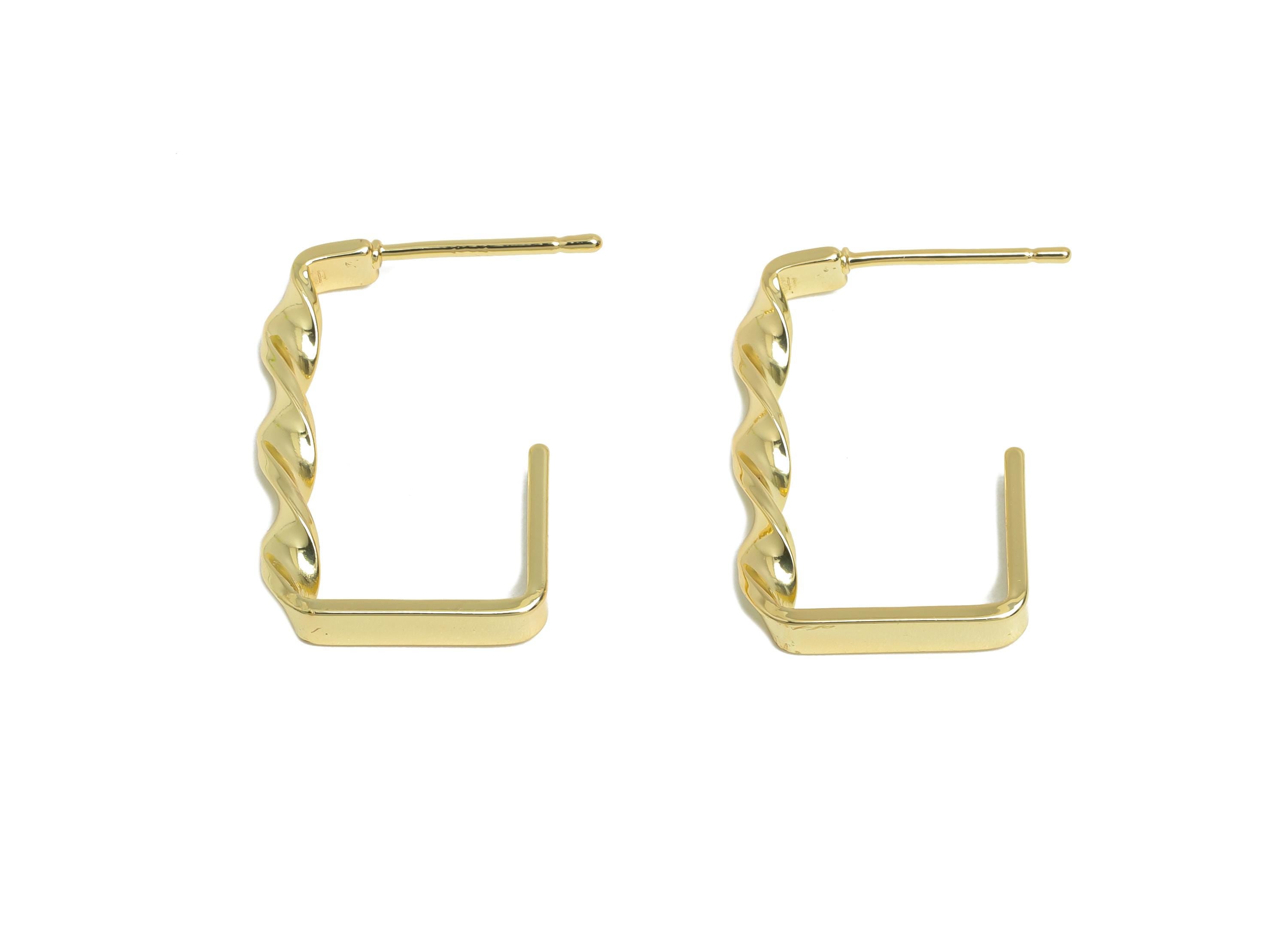 Brass Square Hoop Earring Stud - Gold Twisted Earring Post - Geometric Textured Earring - 14K Real Gold-Plated Brass -22x15x3mm - RGP9522-14 - DOMEDBAZAAR