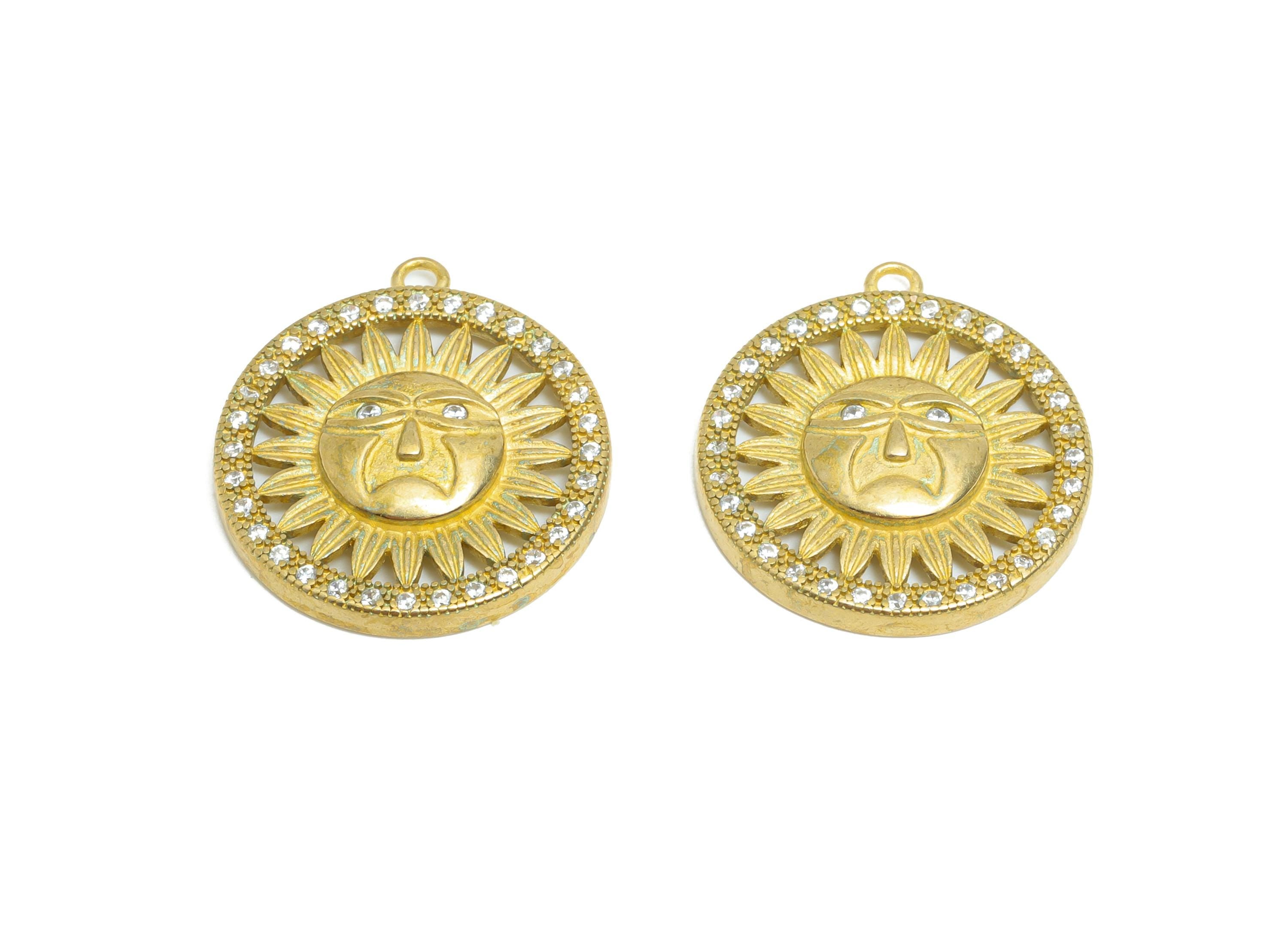 Sparking Crystal Charm - Raw Brass Boho Sun Jewelry  - Brass Sun Motif Pendant - Sunburst Rhinestone Pendant - 21x19x3mm - PP11050 - DOMEDBAZAAR