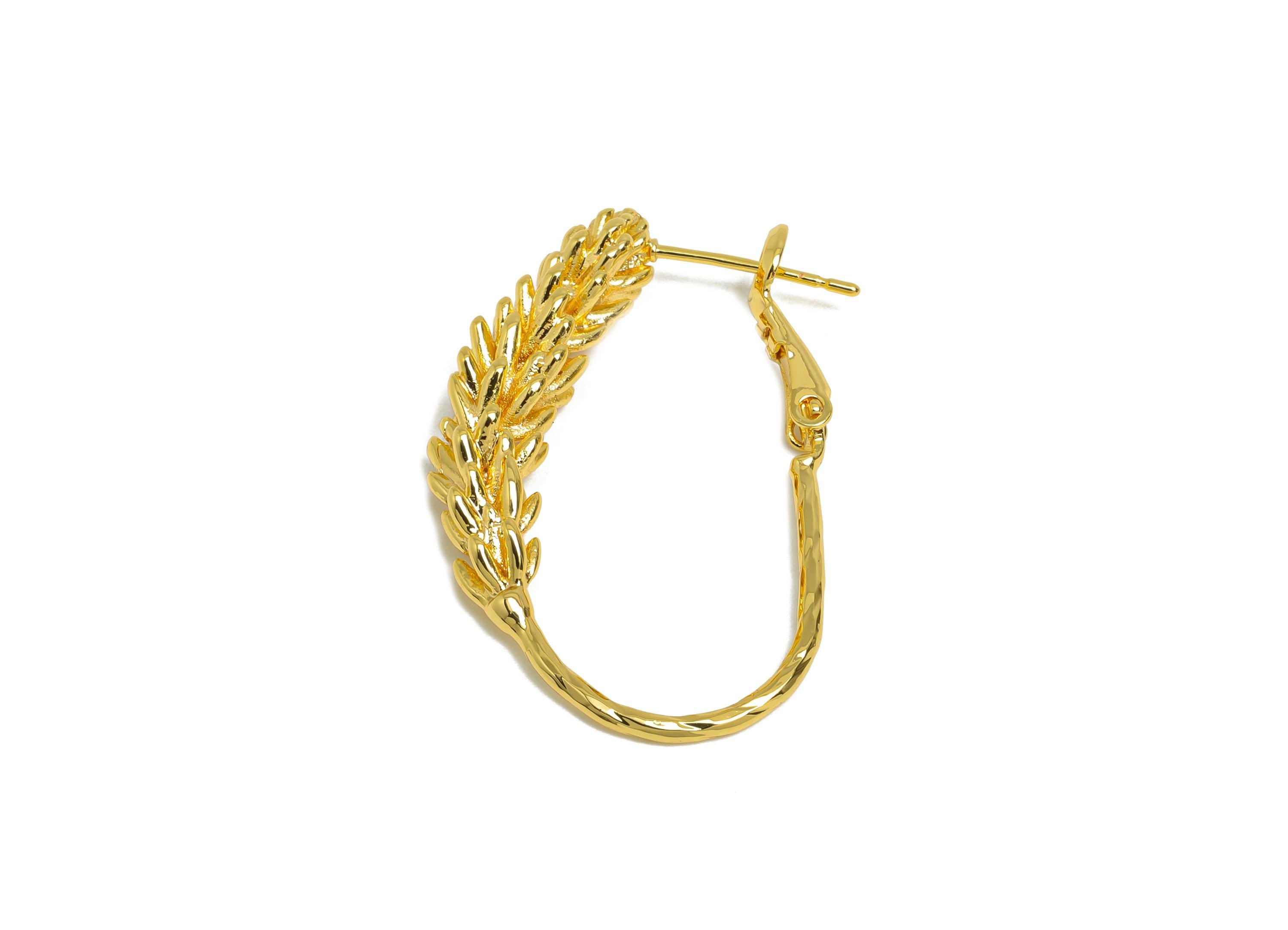 Brass Wheat Ears Earring - Gold Textured Plant Earring - Delicate Clasp Back Earrings - 18K Real Gold-Plated Brass - 33x21x5.8mm - RGP9528 - DOMEDBAZAAR