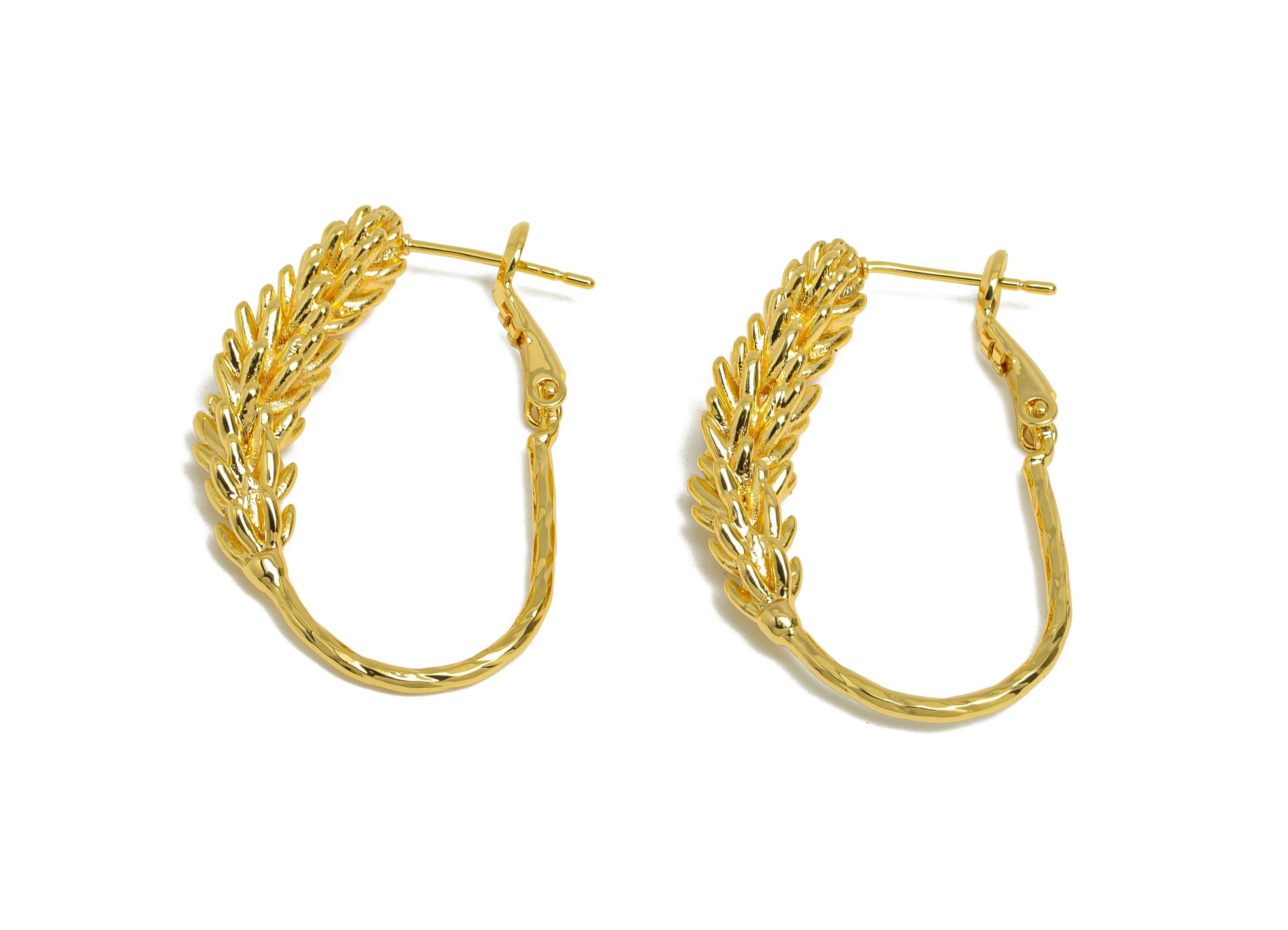 Brass Wheat Ears Earring - Gold Textured Plant Earring - Delicate Clasp Back Earrings - 18K Real Gold-Plated Brass - 33x21x5.8mm - RGP9528 - DOMEDBAZAAR