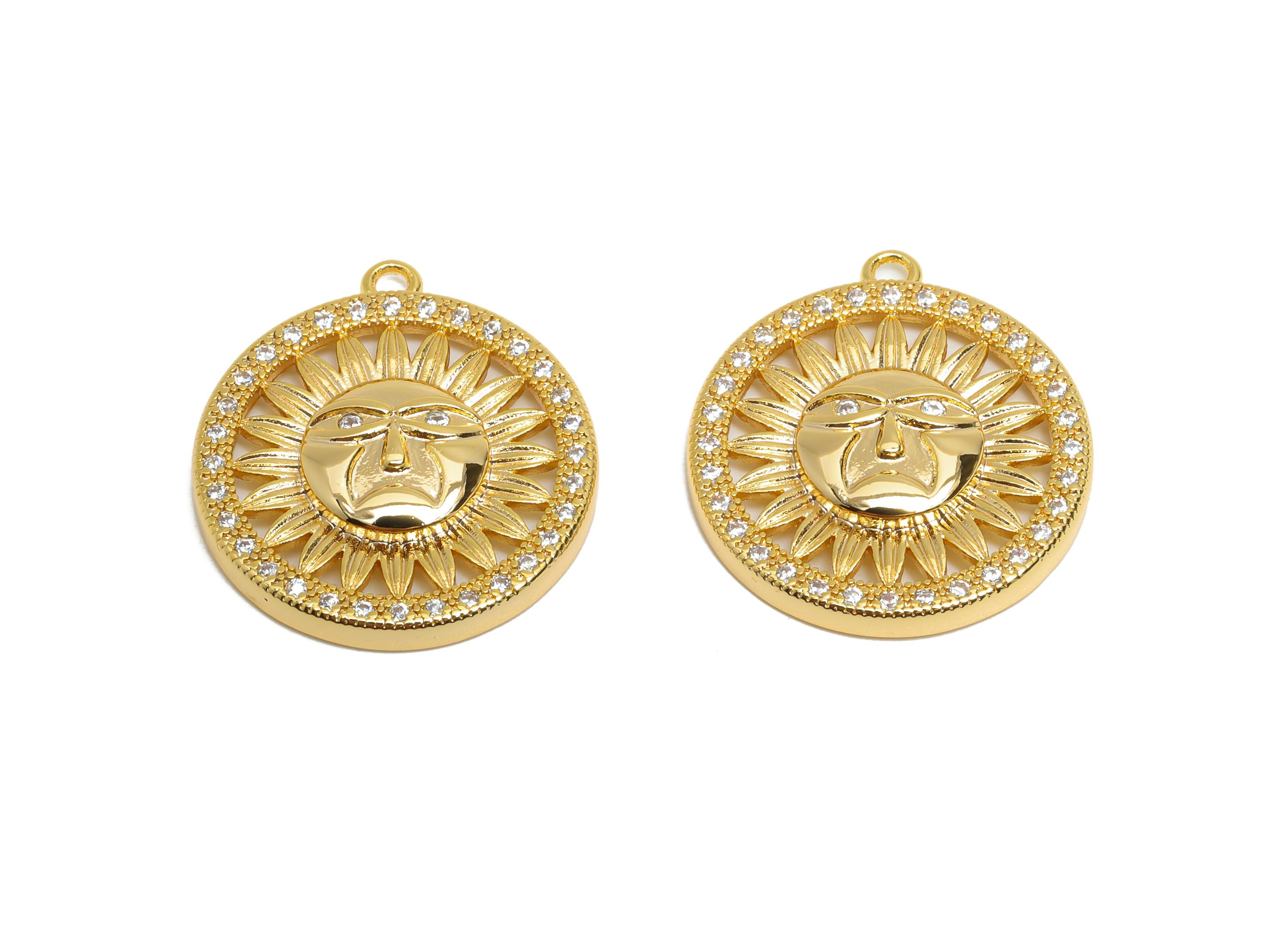 Sparking Crystal Charm - Gold Brass Boho Sun Jewelry  - Brass Sun Motif Pendant - Sunburst Rhinestone Pendant - 21x19x3mm - RGP10394 - DOMEDBAZAAR