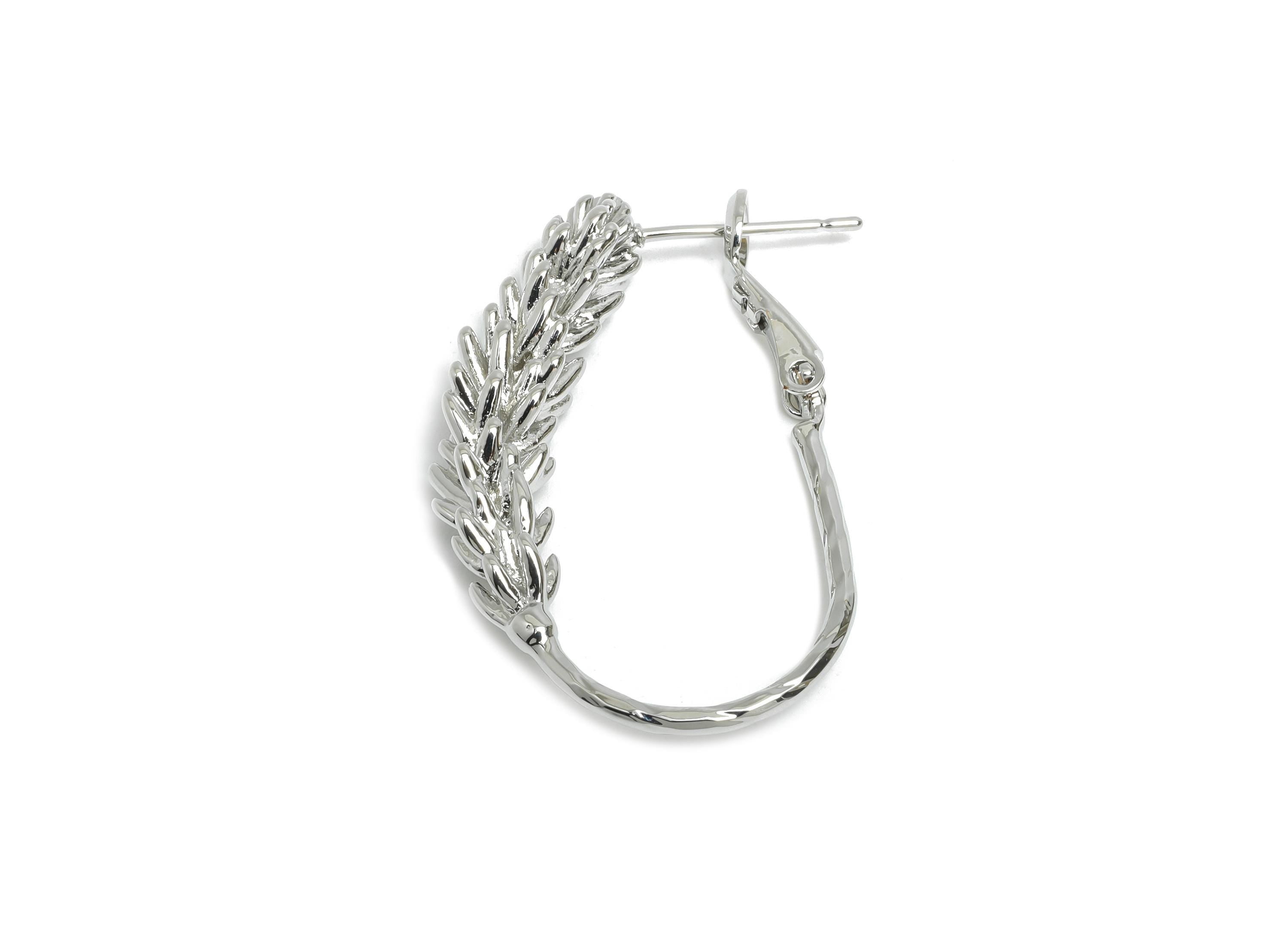Brass Wheat Ears Earring - Silver Textured Plant Earring - Delicate Clasp Back Earring - 18K Real White Gold-Plated - 33x21x5.8mm - RGP9528S - DOMEDBAZAAR