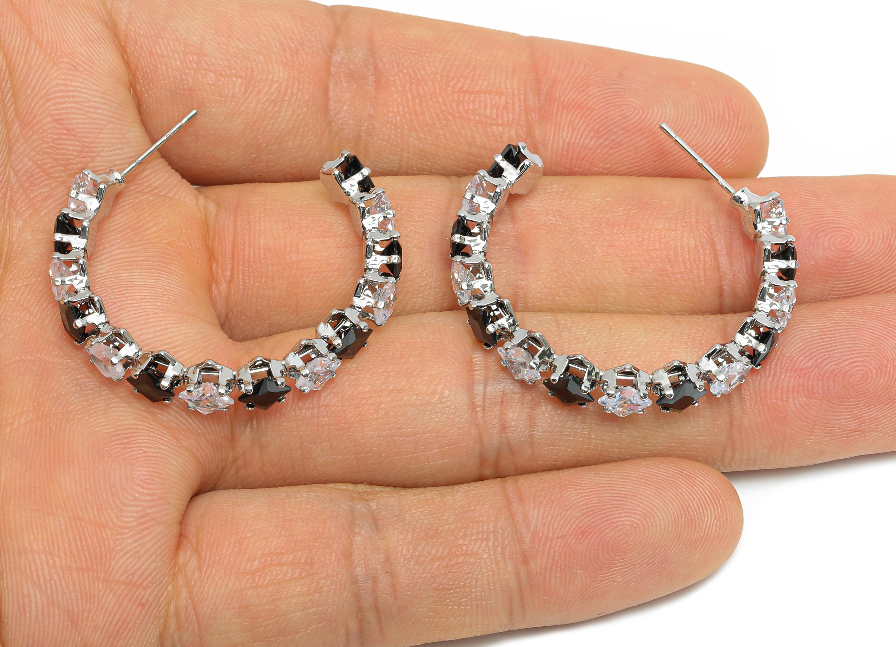 Sparkling C Hoop Post - Inlay Diamond Glass Earring Studs - Luxurious Silver Brass Jewelry - 18K White Gold Plating - 35x30x7mm - RGP9949S - DOMEDBAZAAR