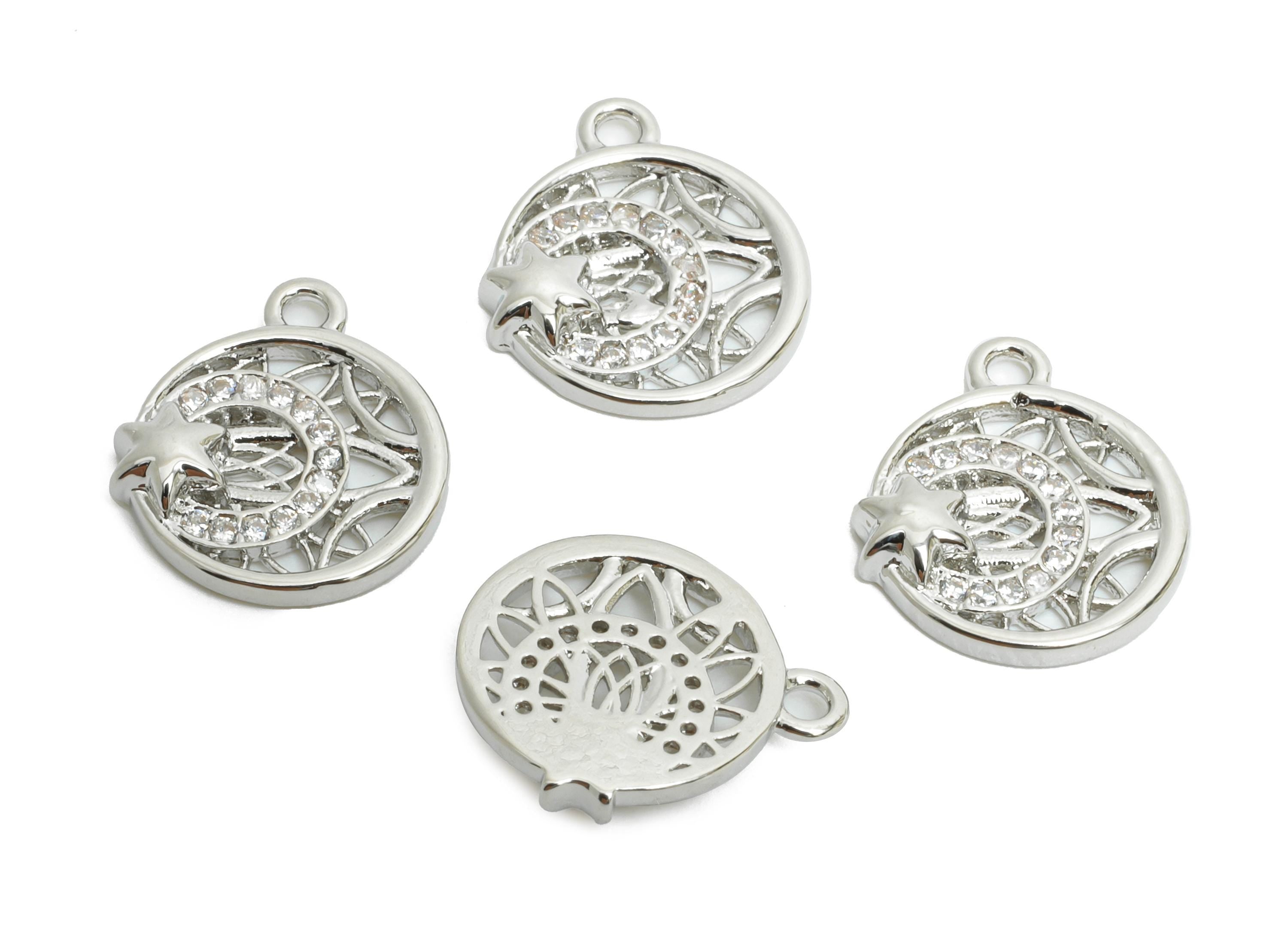 Brass Crescent Star Earring Charm - Shimmering Cubic Zircon Charm - Dazzling Charm - 18K Real White Gold Plated - 12x11x2mm - RGP9888S - DOMEDBAZAAR