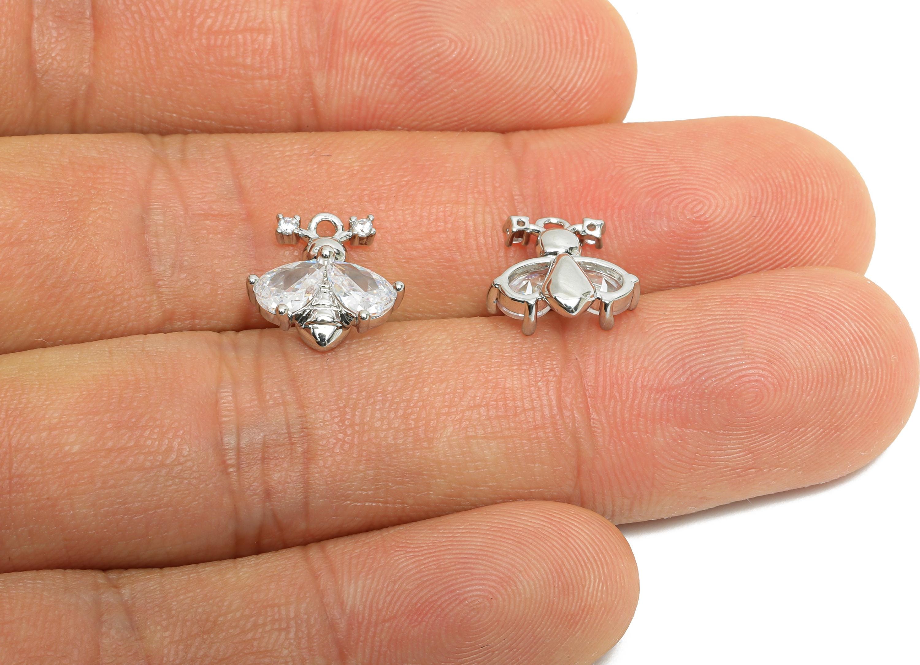Brass Bee Earring Charm - Sparking Teardrop Faceted Cubic Zircon Charm - Insect Mini Charm - 18K Real White Gold Plated - 11x11x4mm-RGP9917S - DOMEDBAZAAR