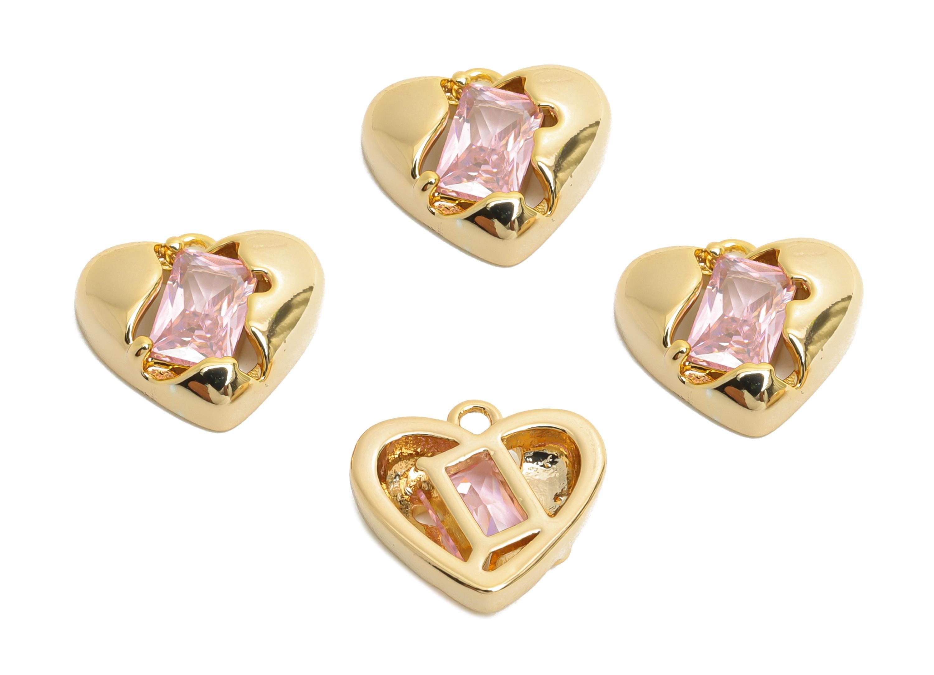 Brass Heart Earring Charm - Sparking Rectangle Faceted Cubic Zircon Charm - Romantic Jewelry - 18K Real Gold Plating - 11x10x3mm - RGP9899 - DOMEDBAZAAR