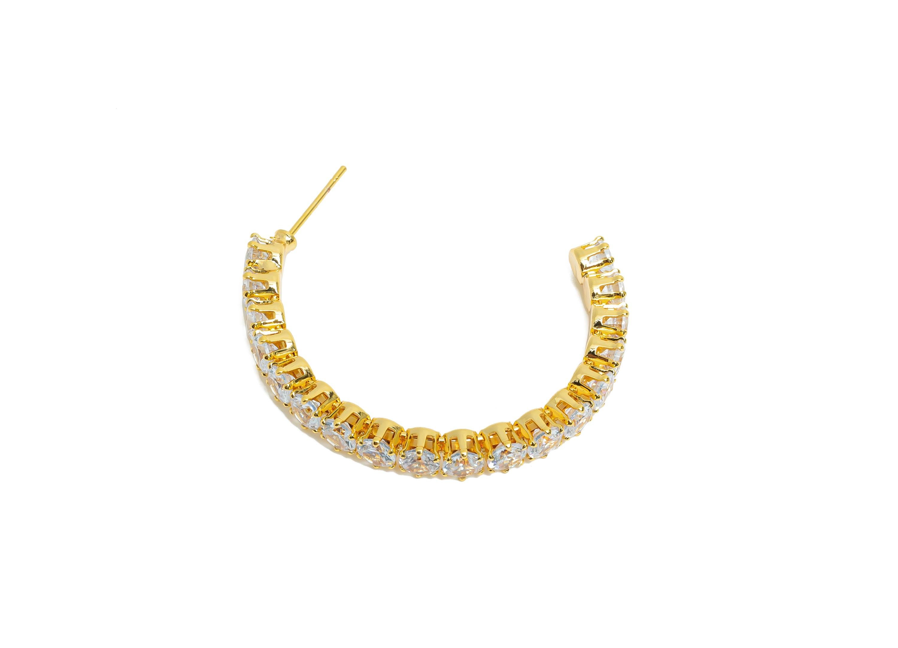 Sparkling C Hoop Post - Inlay Circle Glass Earring Studs - Opulent Gold Brass Jewelry - 18K Real Gold Plated - 34.6x27.53x4.77mm - RGP9939 - DOMEDBAZAAR