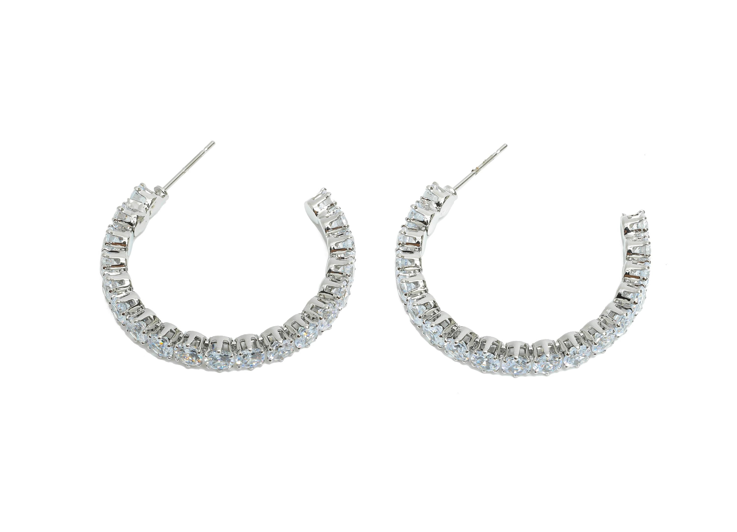 Sparkling C Hoop Post - Inlay Circle Glass Earring Studs - Opulent Silver Brass Jewelry - 18K White Gold Plated - 34.6x27.53x4.77mm-RGP9939S - DOMEDBAZAAR