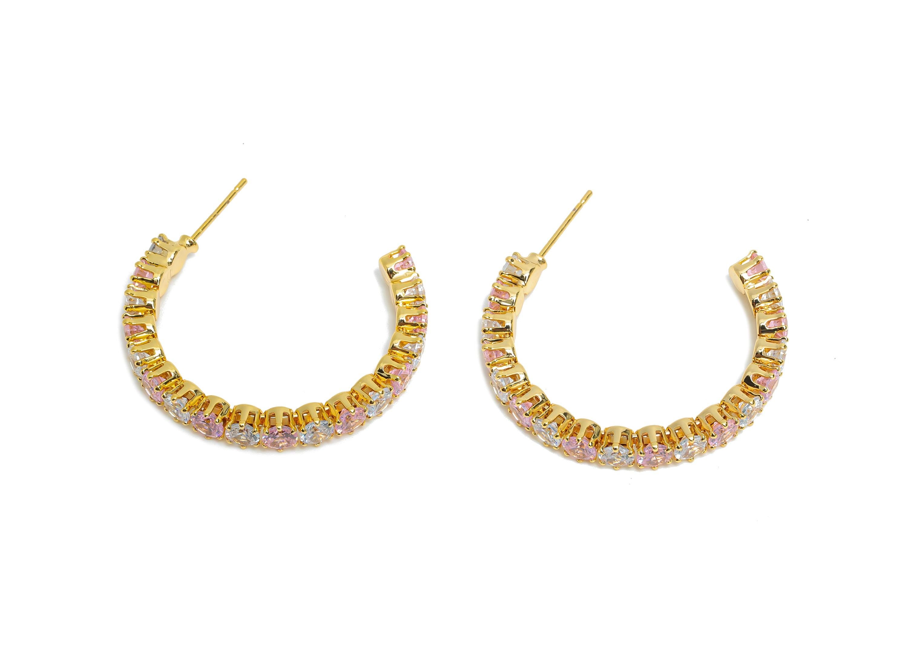 Sparkling C Hoop Post - Inlay Circle Glass Earring Studs - Opulent Gold Brass Jewelry - 18K Real Gold Plated Brass - 35x27.6x4.8mm - RGP9940 - DOMEDBAZAAR