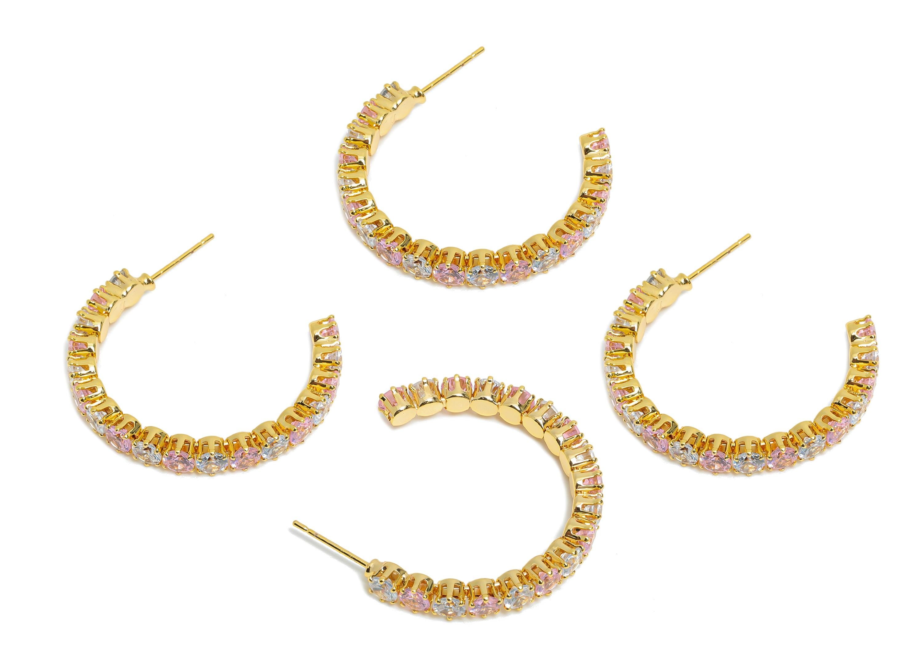 Sparkling C Hoop Post - Inlay Circle Glass Earring Studs - Opulent Gold Brass Jewelry - 18K Real Gold Plated Brass - 35x27.6x4.8mm - RGP9940 - DOMEDBAZAAR