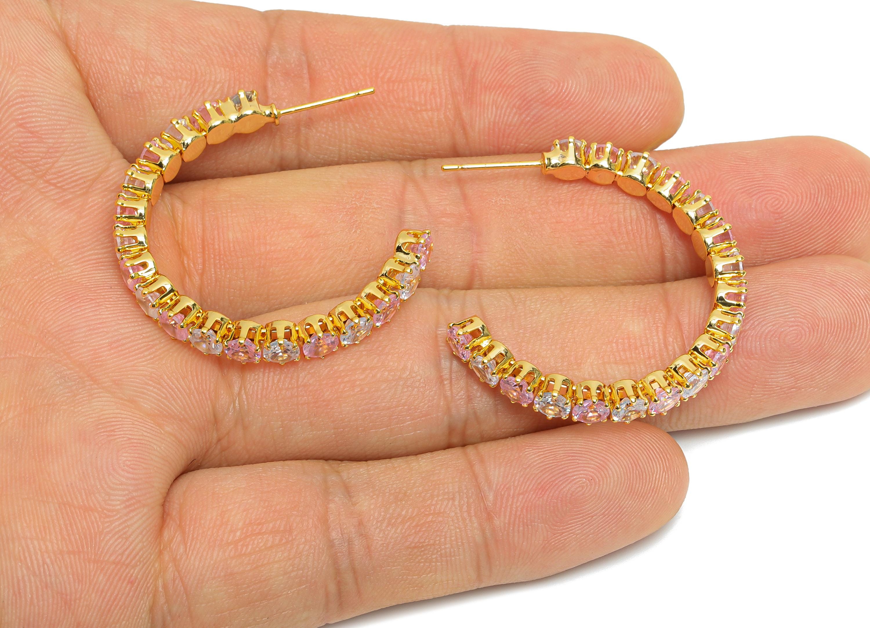 Sparkling C Hoop Post - Inlay Circle Glass Earring Studs - Opulent Gold Brass Jewelry - 18K Real Gold Plated Brass - 35x27.6x4.8mm - RGP9940 - DOMEDBAZAAR