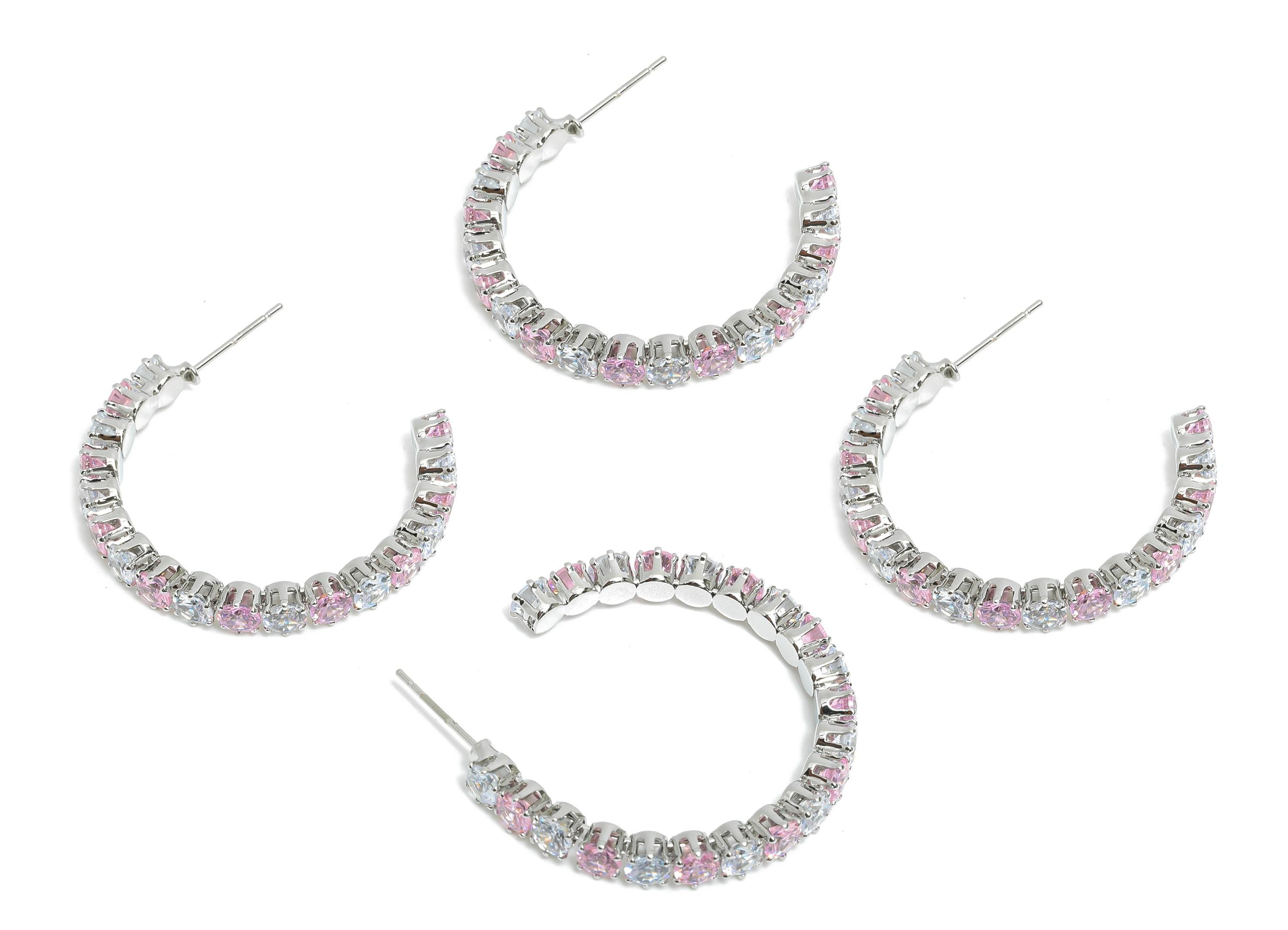 Sparkling C Hoop Post - Inlay Circle Glass Earring Studs - Opulent Silver Brass Jewelry - 18K White Gold Plated - 35x27.6x4.8mm - RGP9940S - DOMEDBAZAAR
