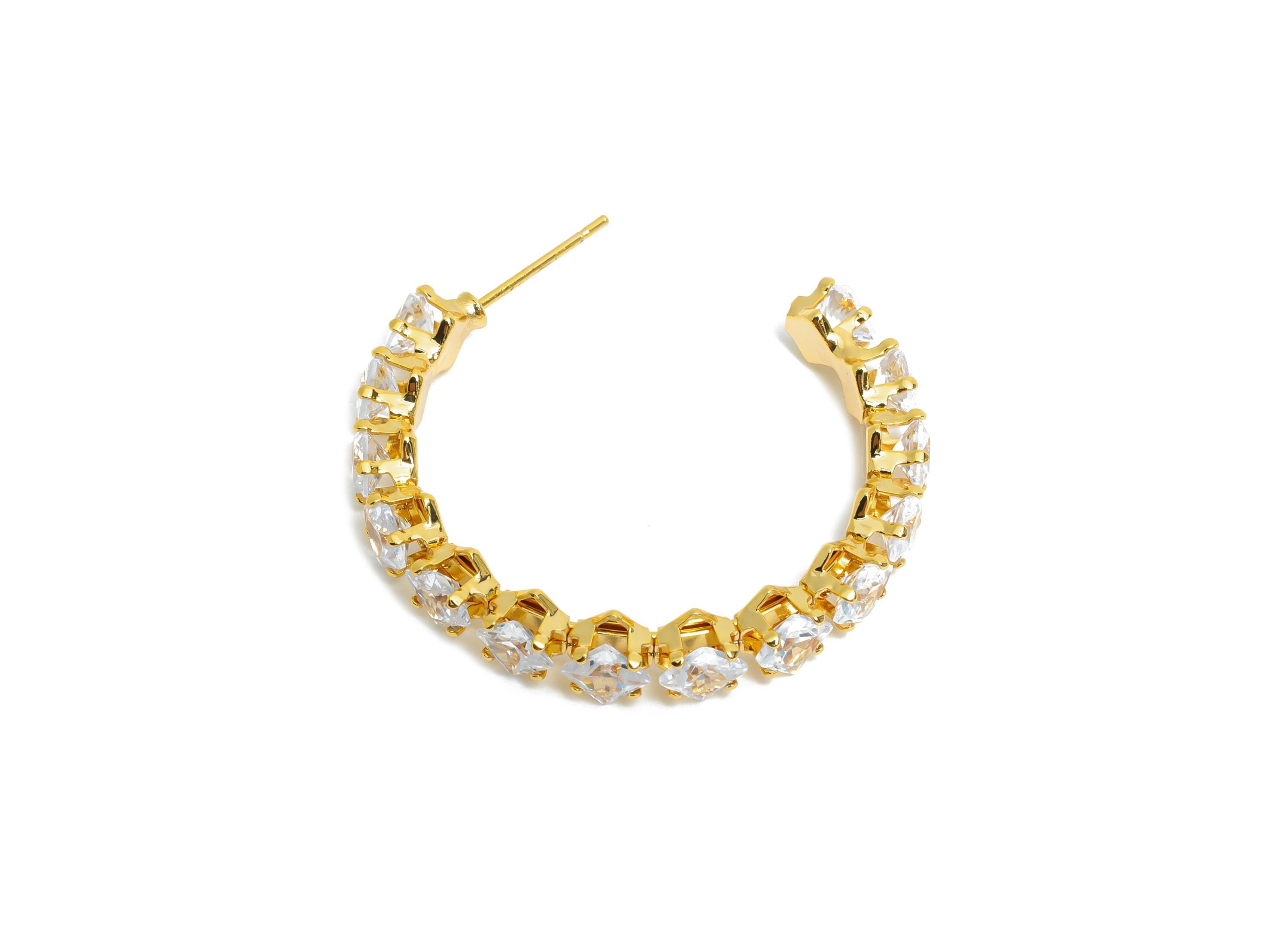 Sparkling C Hoop Post - Inlay Diamond Glass Earring Stud - Luxurious Gold Brass Jewelry - 18K Real Gold Plated Brass - 35x30x5.5mm - RGP9948 - DOMEDBAZAAR