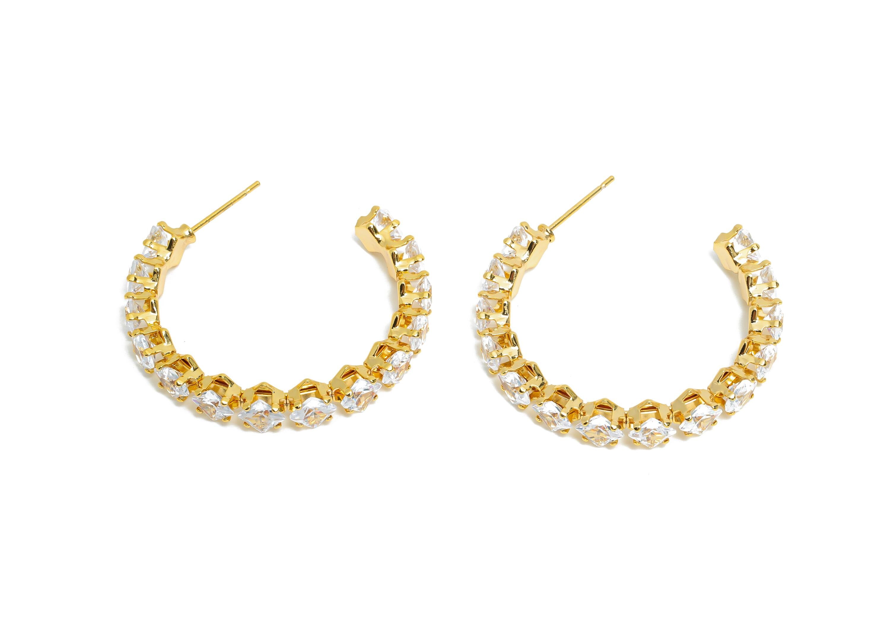Sparkling C Hoop Post - Inlay Diamond Glass Earring Stud - Luxurious Gold Brass Jewelry - 18K Real Gold Plated Brass - 35x30x5.5mm - RGP9948 - DOMEDBAZAAR