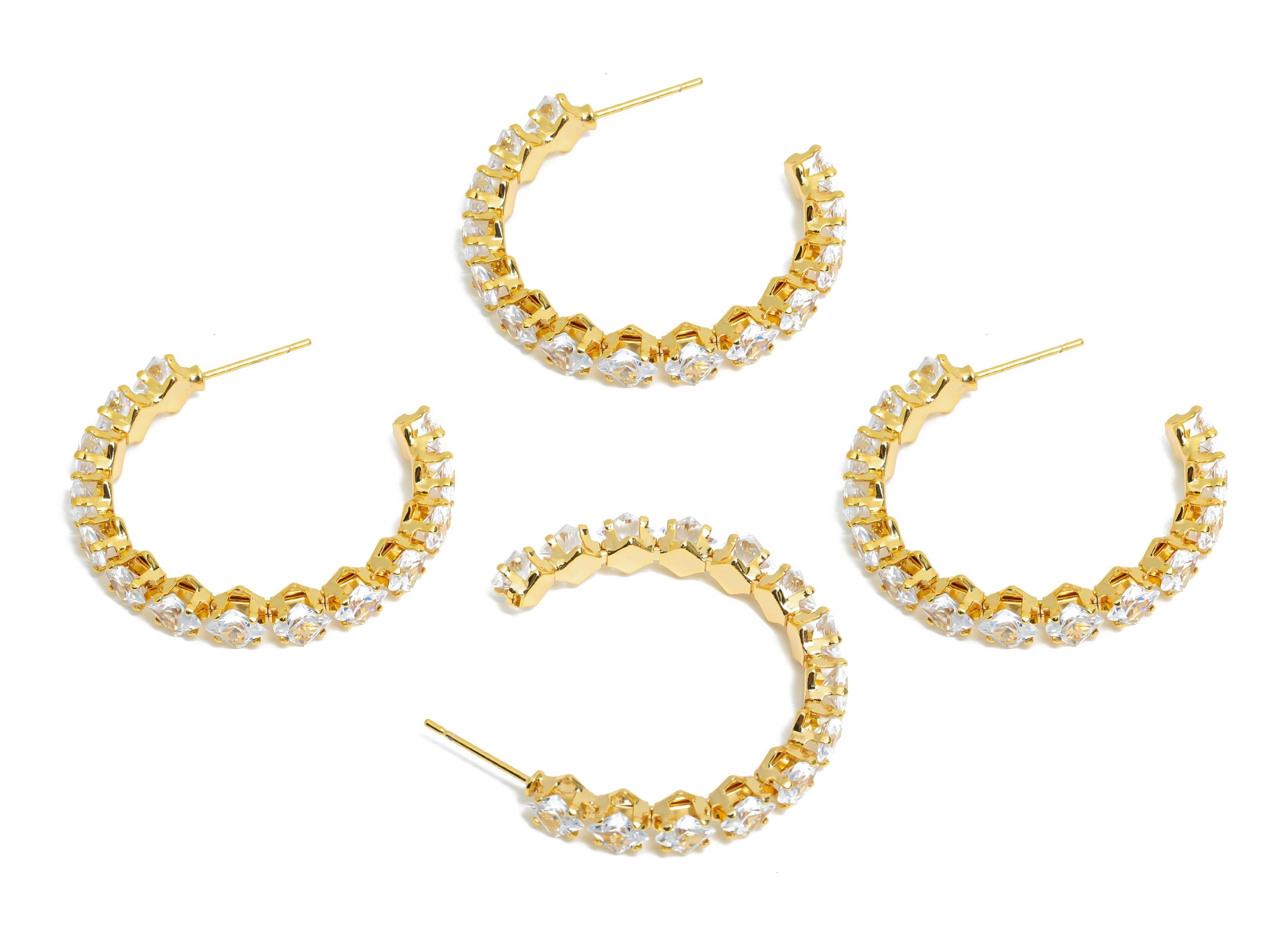 Sparkling C Hoop Post - Inlay Diamond Glass Earring Stud - Luxurious Gold Brass Jewelry - 18K Real Gold Plated Brass - 35x30x5.5mm - RGP9948 - DOMEDBAZAAR
