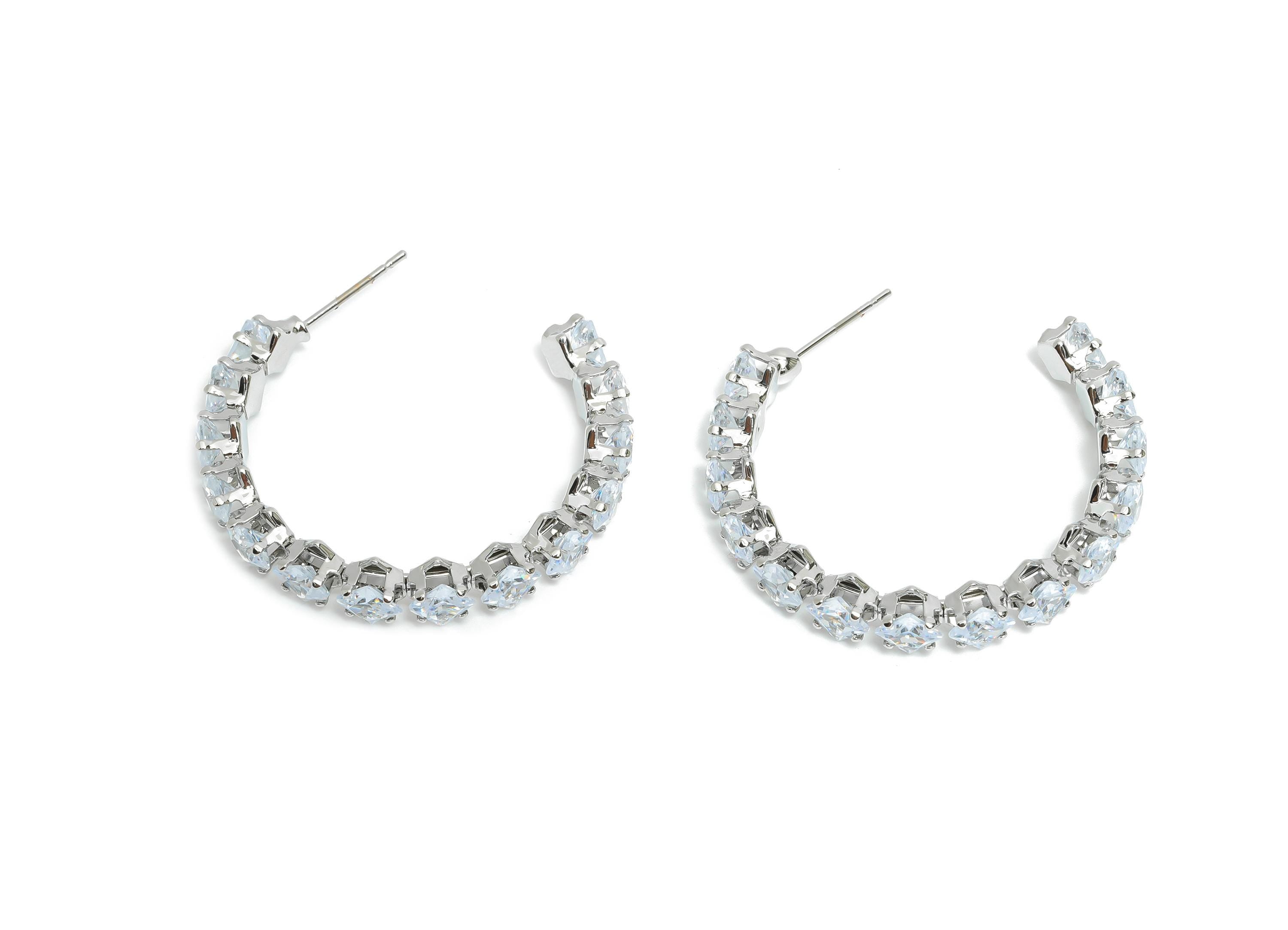 Sparkling C Hoop Post - Inlay Diamond Glass Earring Stud - Luxurious Silver Brass Jewelry - 18K White Gold Plated - 35x30x5.5mm - RGP9948S - DOMEDBAZAAR