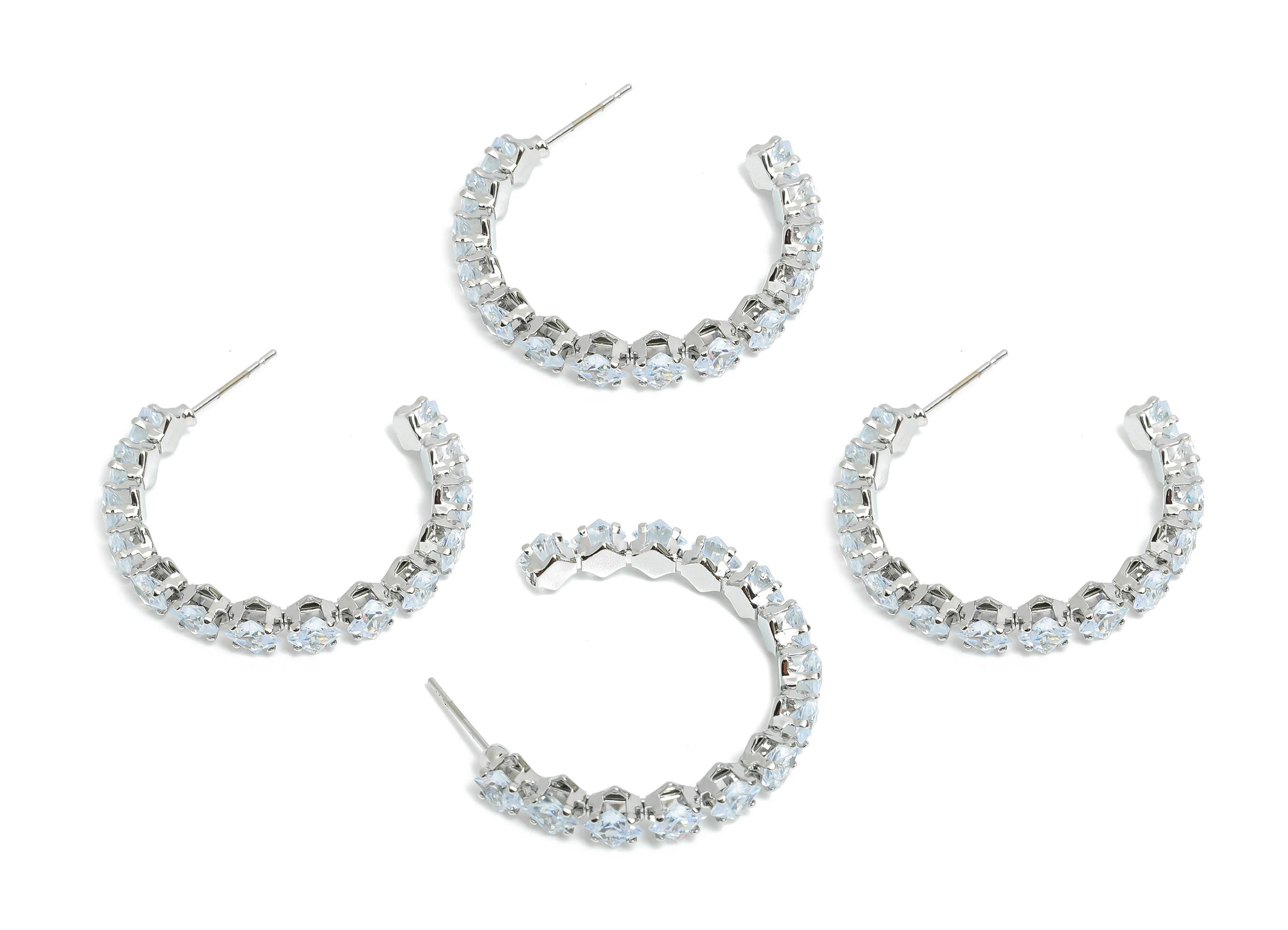 Sparkling C Hoop Post - Inlay Diamond Glass Earring Stud - Luxurious Silver Brass Jewelry - 18K White Gold Plated - 35x30x5.5mm - RGP9948S - DOMEDBAZAAR