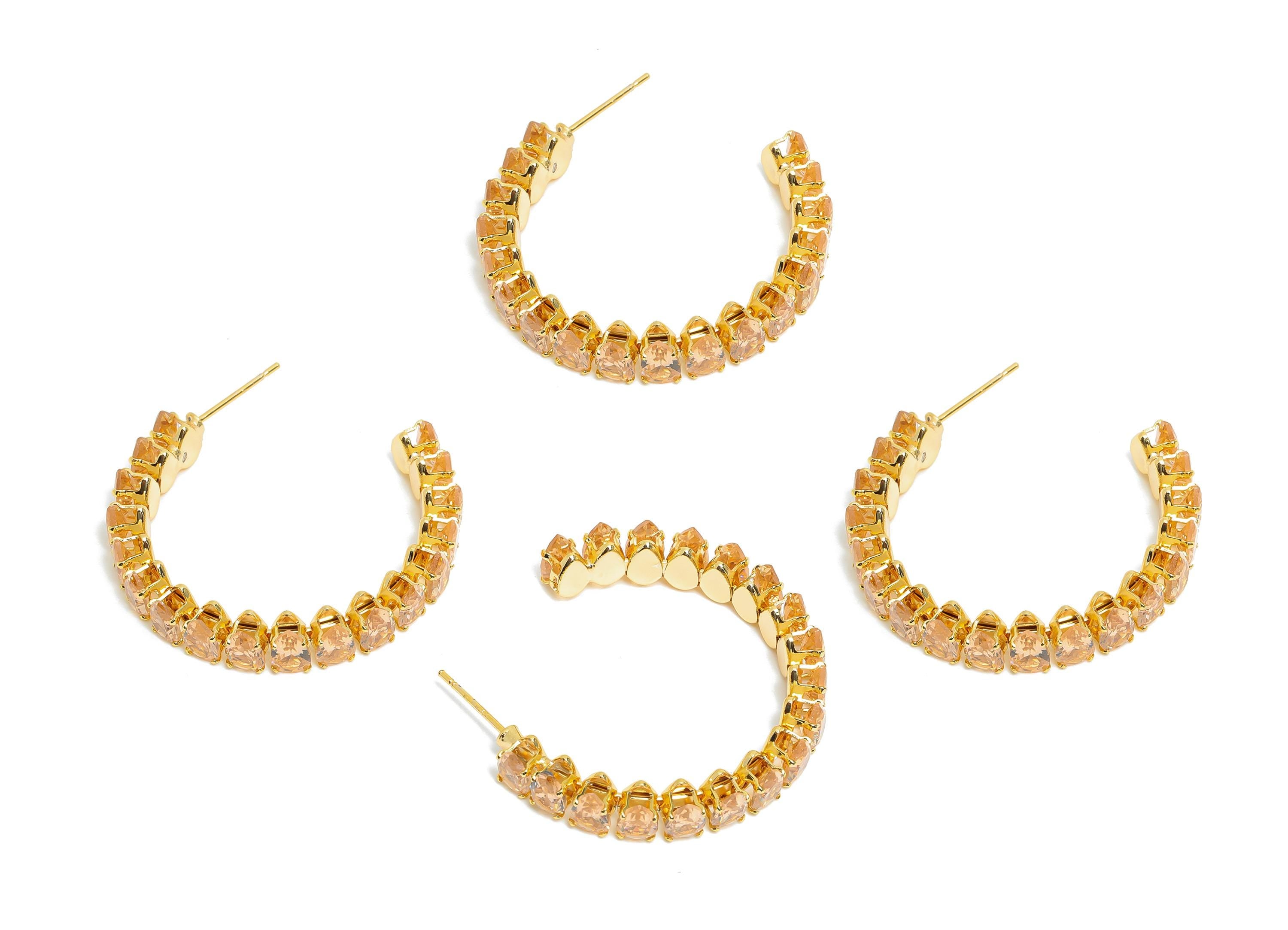 Sparkling C Hoop Post - Inlay Drop Pink Glass Earring Studs - Opulent Gold Brass Jewelry - 18K Real Gold Plated Brass- 35x30x6.1mm - RGP9953 - DOMEDBAZAAR