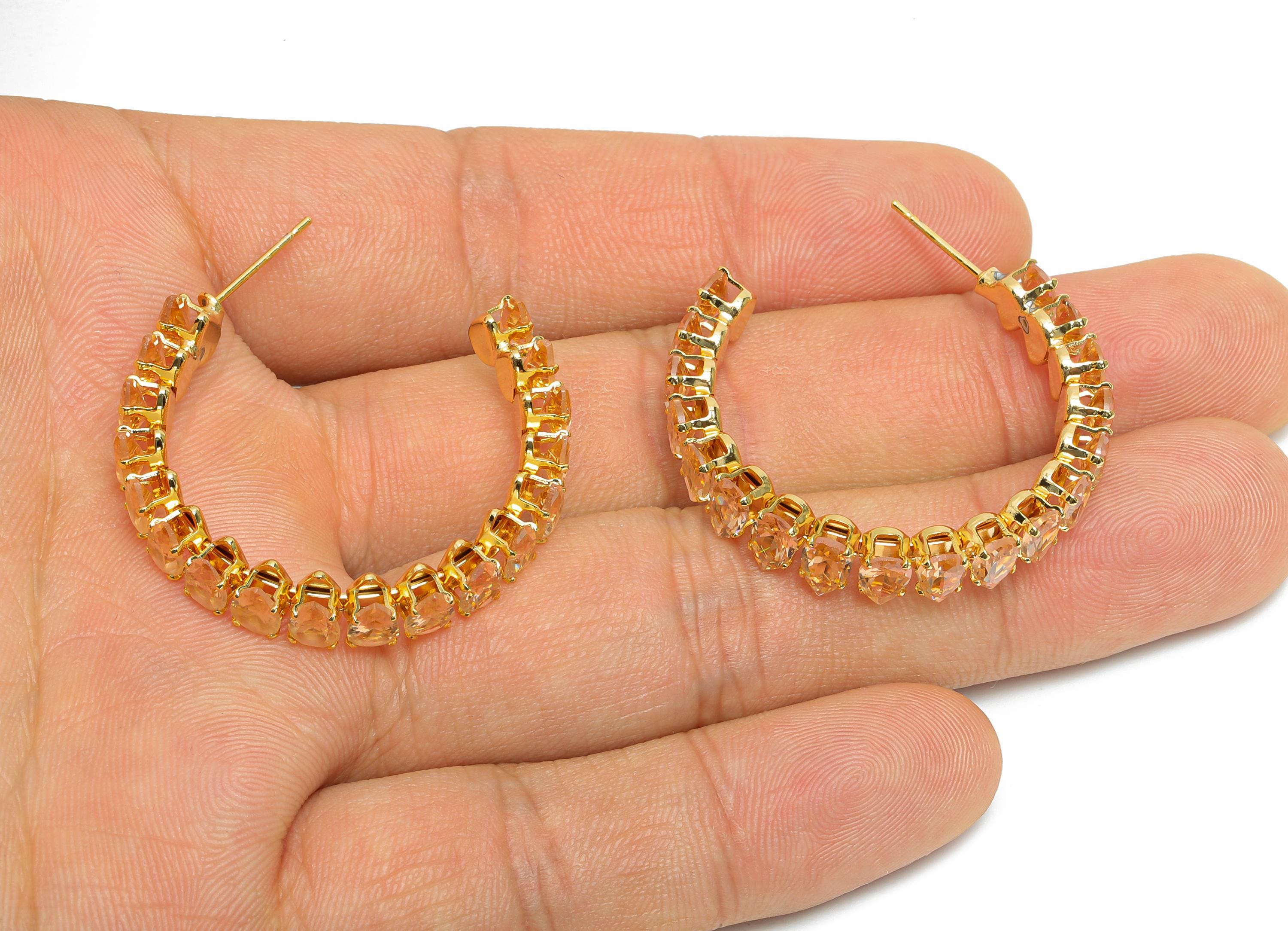 Sparkling C Hoop Post - Inlay Drop Pink Glass Earring Studs - Opulent Gold Brass Jewelry - 18K Real Gold Plated Brass- 35x30x6.1mm - RGP9953 - DOMEDBAZAAR