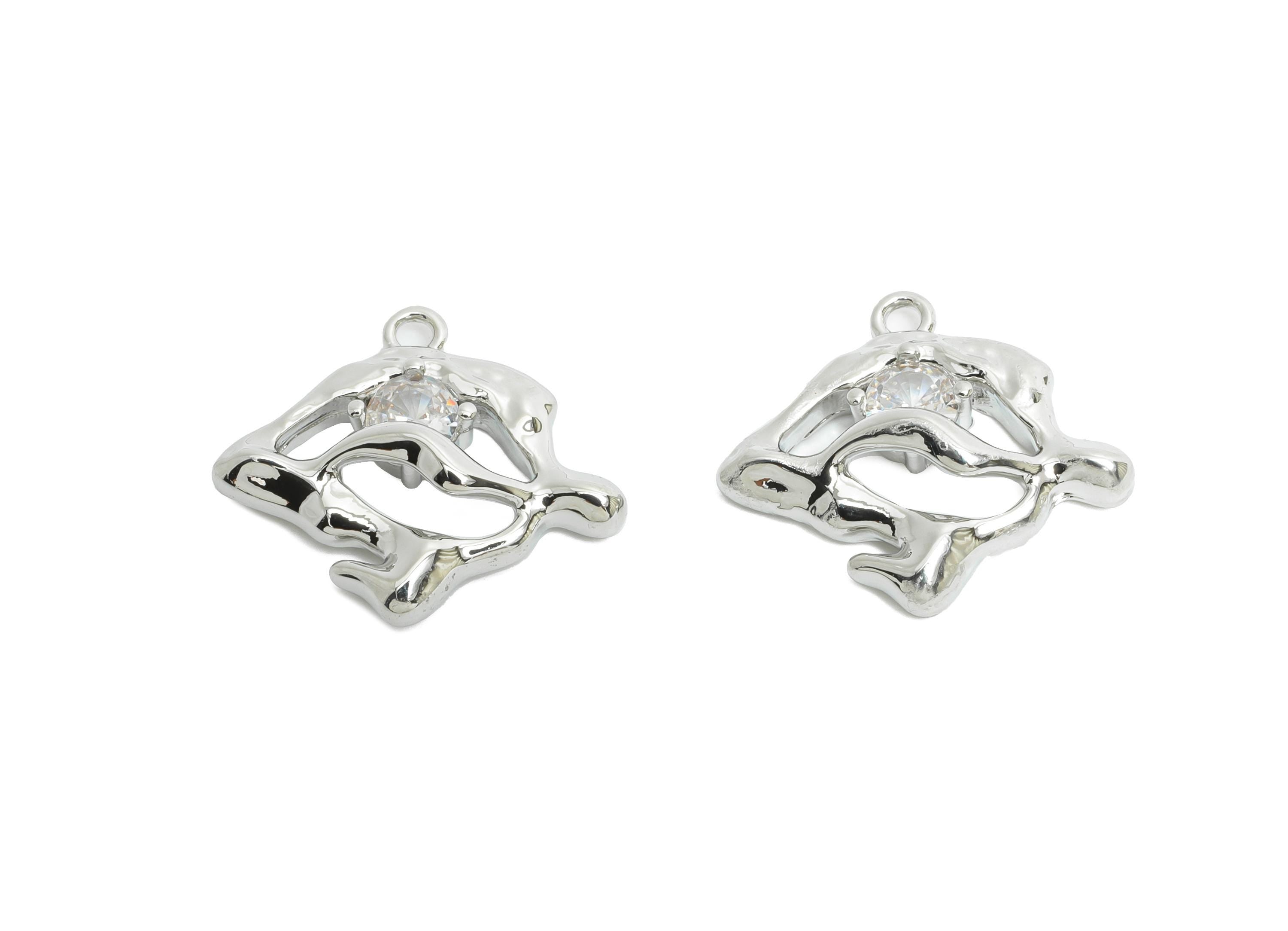 Brass Irregular Earring Charm - Modern Geometric Cubic Zircon Charm - Abstract Pendant - 18K Real White Gold Plating - 17x15x4mm - RGP9936S - DOMEDBAZAAR