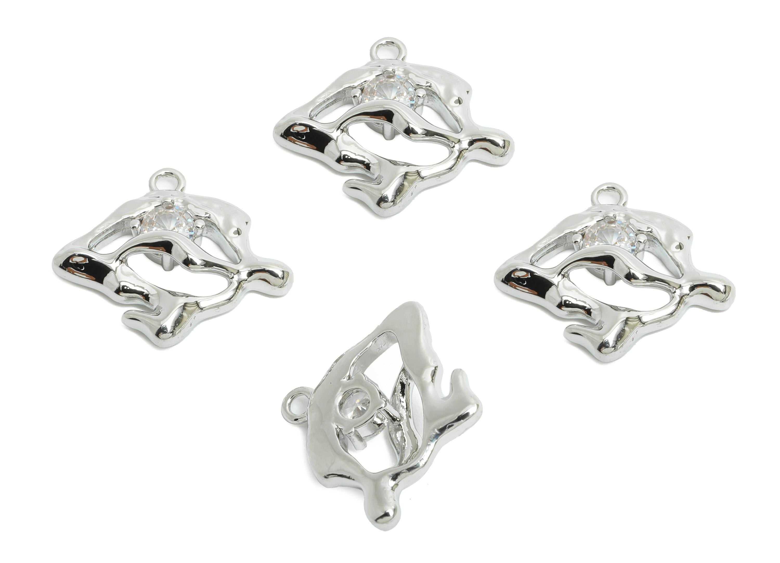 Brass Irregular Earring Charm - Modern Geometric Cubic Zircon Charm - Abstract Pendant - 18K Real White Gold Plating - 17x15x4mm - RGP9936S - DOMEDBAZAAR